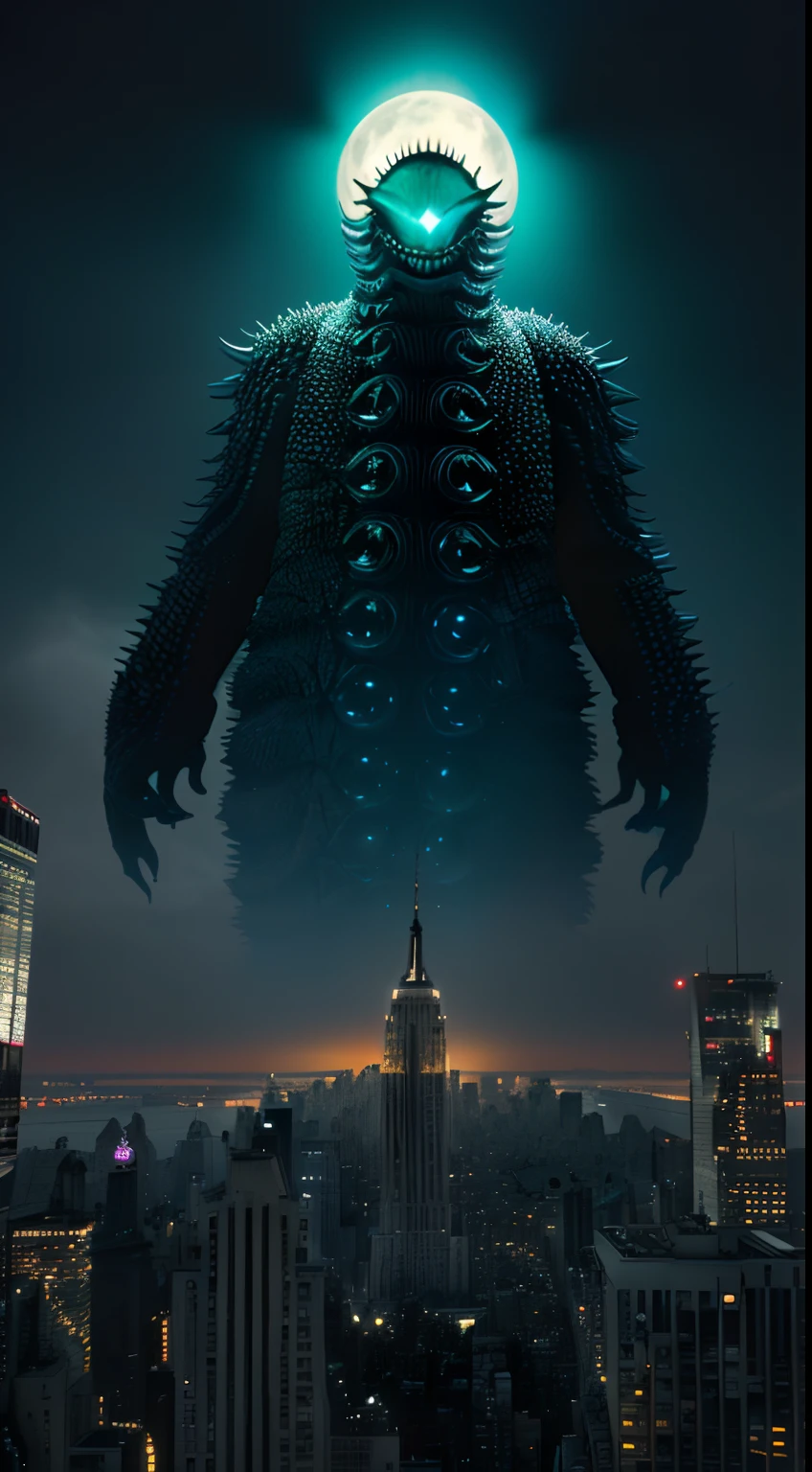 bizarre alien creature, giant kaiju creepie monster, surrealism, looming creature with a strong power, kaiju destroying new york, kaiju cephalopod monster, nanotech demonic monster horror, scary giant monster, bizarre alien creature, giant kaiju monster destroying city, high detail, photorealism, 4k