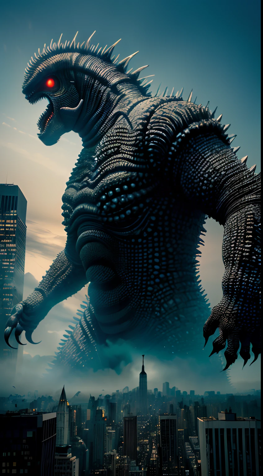 bizarre alien creature, giant kaiju creepie monster, surrealism, looming creature with a strong power, kaiju destroying new york, kaiju cephalopod monster, nanotech demonic monster horror, scary giant monster, bizarre alien creature, giant kaiju monster destroying city, high detail, photorealism, 4k