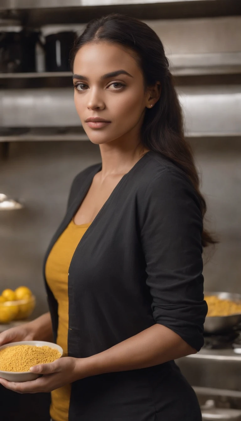 uma mulher velha de cabelo amarelo Black Power loiro curto e enrolado , rosto perfeito, Standing in front of several bowls of food, lady stands in an industrial kitchen, enterprising woman