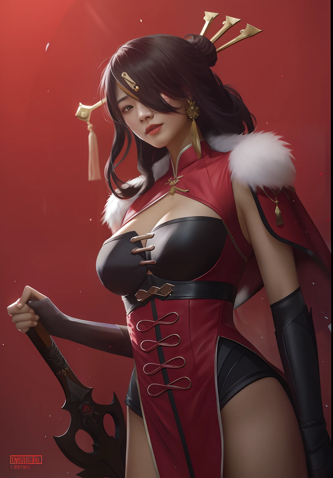 there is a woman in a corset and a sword, by Yang J, inspired by Wang Meng, by Russell Dongjun Lu, by Leng Mei, trending on cgstation, inspired by Pu Hua, inspired by Wu Bin, full body xianxia, ruan jia and artgerm, inspired by Du Qiong, inspired by Feng Zhu, inspired by Ju Lian