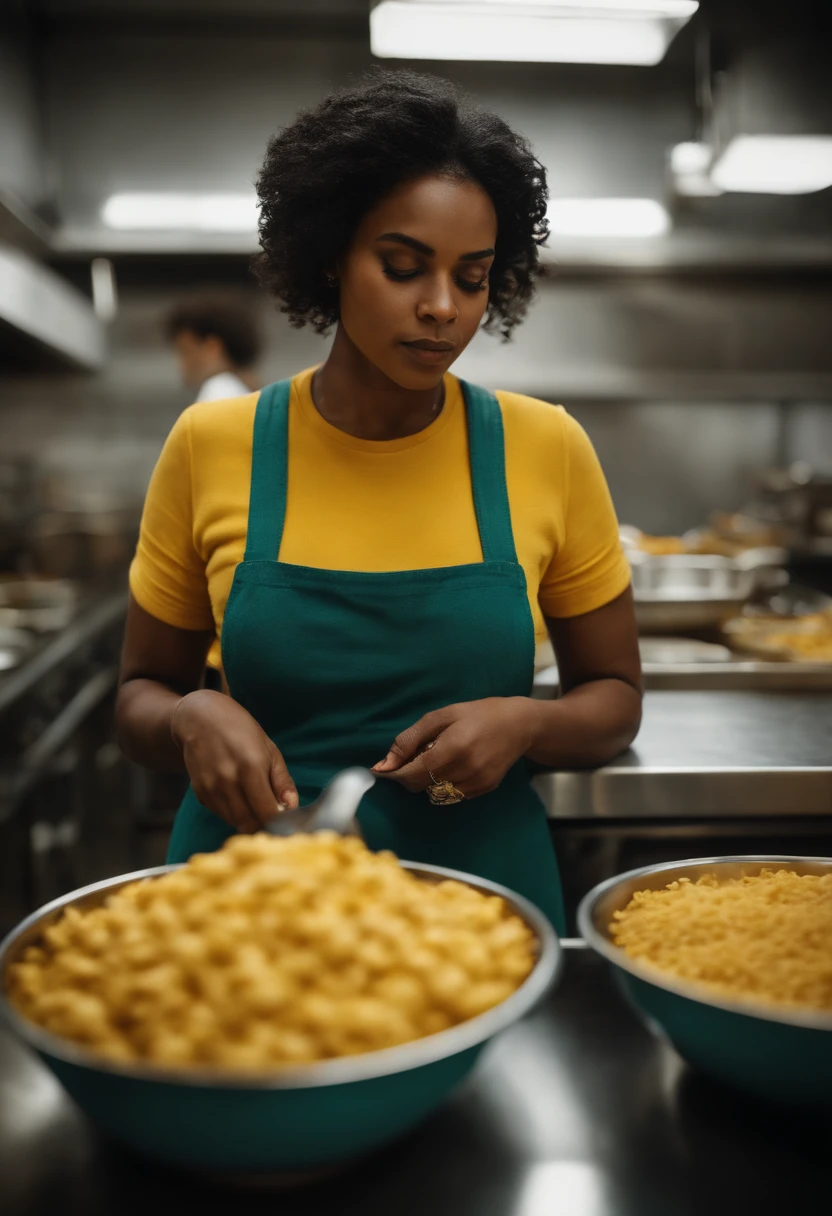 uma mulher velha de cabelo amarelo Black Power loiro curto e enrolado , rosto perfeito, Standing in front of several bowls of food, lady stands in an industrial kitchen, enterprising woman