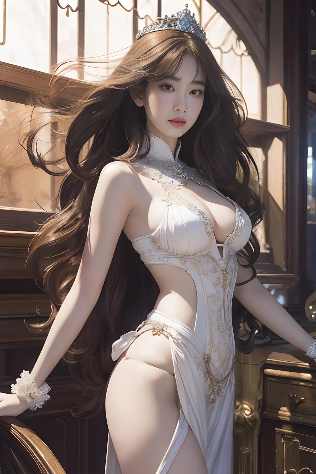 (8K、Raw photo,Best Quality, masuter piece:1.2, Intricate details, Wallpaper、超A high resolution)、(Photoreal Stick:1.2)、Alafed woman in white dress and crown, beautiful countenance、A detailed face、big eye、Cowboy Shot、ethereal beauty, beautiful fantasy art, very beautiful fantasy art, ethereal fantasy, A beautiful maiden, a stunning portrait of a goddess, beautiful fantasy art portrait, breathtaking fantasy art, Beautiful depiction, Beautiful digital art, Maiden in a beautiful costume, Very details of the goddess、爆乳、big breasts thin waist、nabel、big butts、Large Thigh、clong legs、A terrible wind blows、disheveled hair、Disheveled costumes、The background is ancient Olympus、Shallow depth of field、Blur background、
