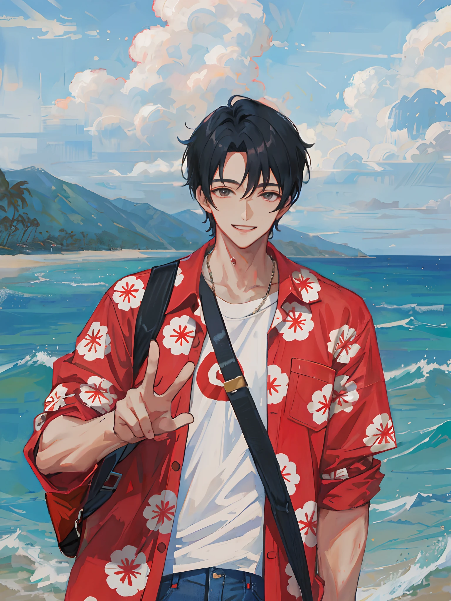 (Masterpiece, Bestquality) 1 Handsome anime boy doing a peace sign, smiling at the front of the viewer, Black Hair, very short hair, Sky, Sea, clouds, Red Hawaiian Shirt, Jeans