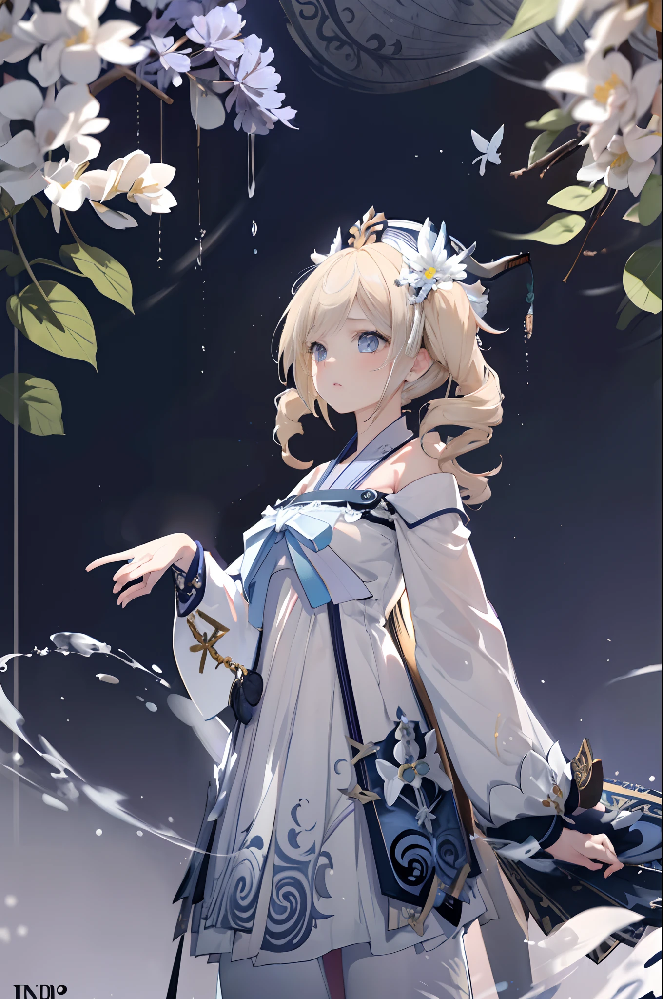 Masterpiece, Best quality, 1girll，barbara,Hat,Latin cross,Blonde hair, Long hair,double tails,twin drills, Blue eyes,(((Hanfu))),(((Indigo horse face dress)))，Detached sleeves, ,White panty hose,This trouser belt,greybackground,exteriors，blue-sky，grassy fields，dandelion