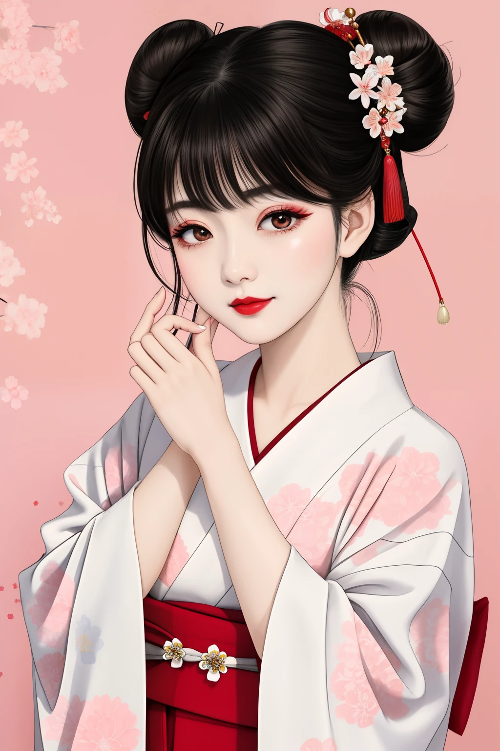 ((Big、a small face、No exposure))、top-quality、masterpiece、(Bun hair Black hair)、Brown eyes、⦅From the buttocks up is the whole body、Diagonally horizontal⦆、(4In K、masterpiece、hight resolution、Realistic and beautiful light and shadow、One girl、Solo Focus、(top-quality)、(Hi-Res)、(extremely delicate and beautiful)、(Beautiful 8k face)、(I close my eyes while smiling.)、(独奏)、(Clear skin)、(Soft hair)、(7headed body)、(Yukata kimono with red and white floral pattern、Girl in Yukata)、((Hair in a bun))、((Tanabata decoration background))、((a small face))、(reality)、thin and small nose、(red lipsticks)、(Reddening cheeks)、(Lustrous skin)、((Ukiyo-e style))、Ultra-thin eyebrows、Ultra high image quality、(Wearing maiko-style makeup)、skin whitening、long and beautiful lashes、Lustrous skin that changes like a model in a Kyoto magazine、(Red-dyed cheeks),Nasal muscle