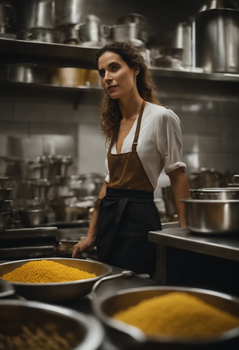 uma mulher velha de cabelo amarelo loiro curto e enrolado , rosto perfeito, Standing in front of several bowls of food, lady stands in an industrial kitchen, enterprising woman