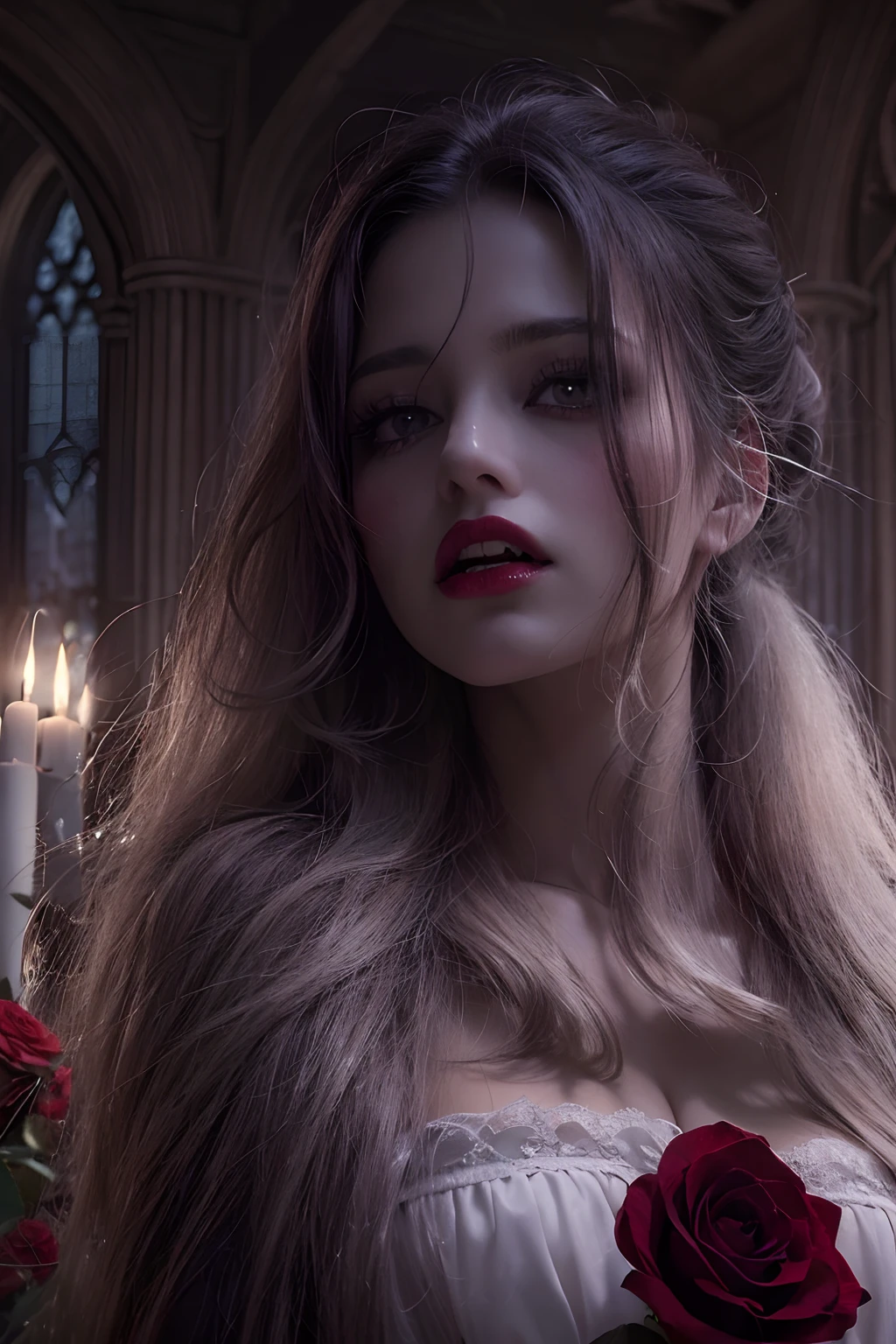 (Best Quality,4k,8K,high resolucion,Masterpiece:1.2),Ultra-detailed,(realisitic,Photorealistic,Realistis:1.37),terror,porcelain skin, Bloody body, Long flowing hair,piercing eyes,blood-red lips,sensual expression,mesmerizing,nighttime,victorian era,Vintage clothing,dark vibes,with dramatic lighting,full moon,Creepy mansion,fangs,seductive posing,ominous shadows,Misty Cemetery,gothic architecture,Red velvet curtains,Candle setting,provocative,Subtle temptations,Bite marks,Passionate hugs,Lust and danger,Eternal love,Unforgettable beauty,immortality,red rose,flirting,