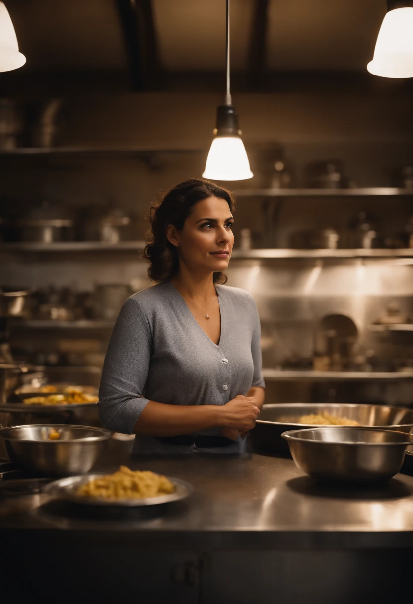 uma mulher velha de cabelo zig- zag loiro curto e enrolado , rosto perfeito, Standing in front of several bowls of food, lady stands in an industrial kitchen, enterprising woman