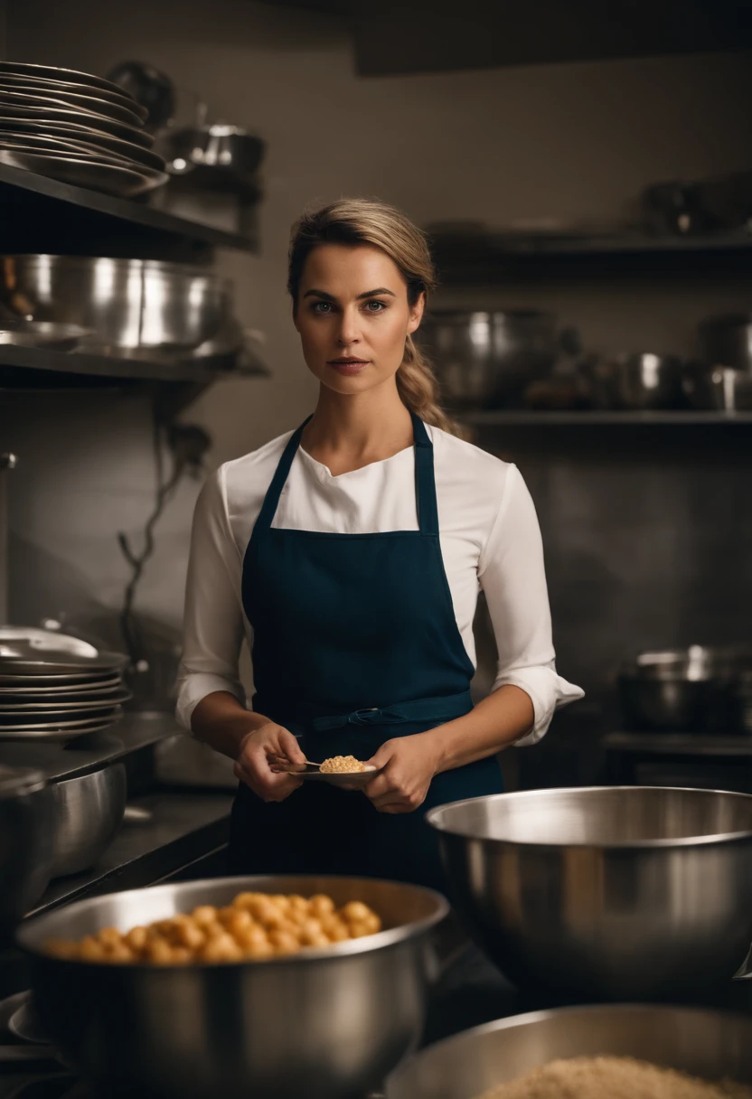 uma mulher velha de cabelo zig- zag  loiro curto e enrolado , rosto perfeito, Standing in front of several bowls of food, lady stands in an industrial kitchen, enterprising woman