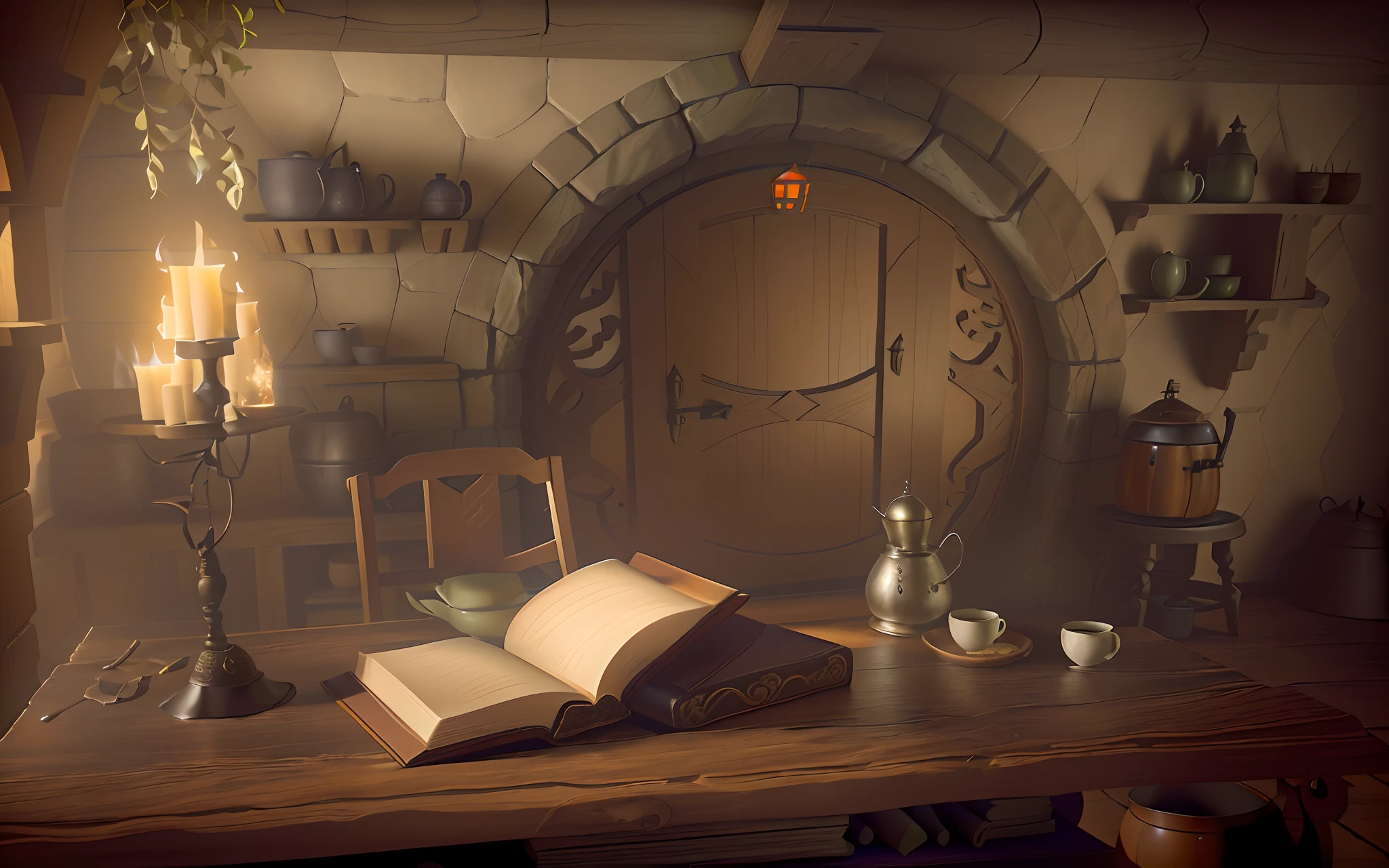 there is a book and a cup of coffee on a table, interior of a hobbit hole, storybook wide shot :: hd, in his hobbit home, detailed cinematic render, realistic fantasy render, brewing potion in witch hut, fantasy bakery interior setting, beautiful render of a fairytale, inside a medieval hobbit home, in fantasy tavern near fireplace, photorealistic cinematic render