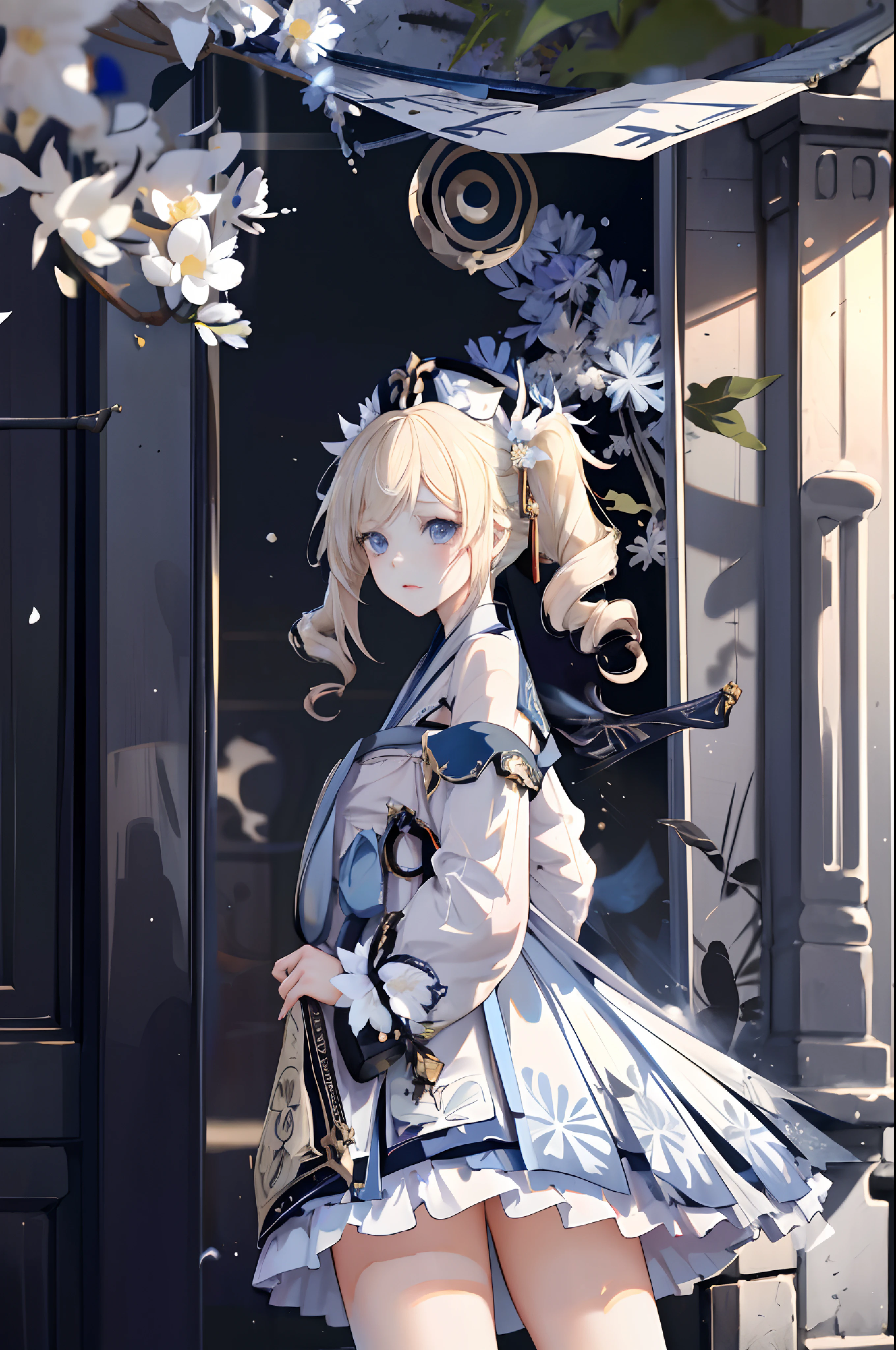 Masterpiece, Best quality, 1girll，barbara,Hat,Latin cross,Blonde hair, Long hair,double tails,twin drills, Blue eyes,(((Hanfu))),(((Indigo horse face dress)))，Detached sleeves, ,White panty hose,This trouser belt,greybackground,exteriors，blue-sky，grassy fields，dandelion