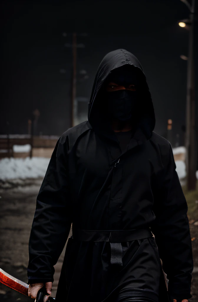 image of the demon with his face covered by the hood, with all black clothing and a scythe in his hands facing Jesus, his entire body appears, walking sideways, meeting Jesus, realistic chromatic 16x9