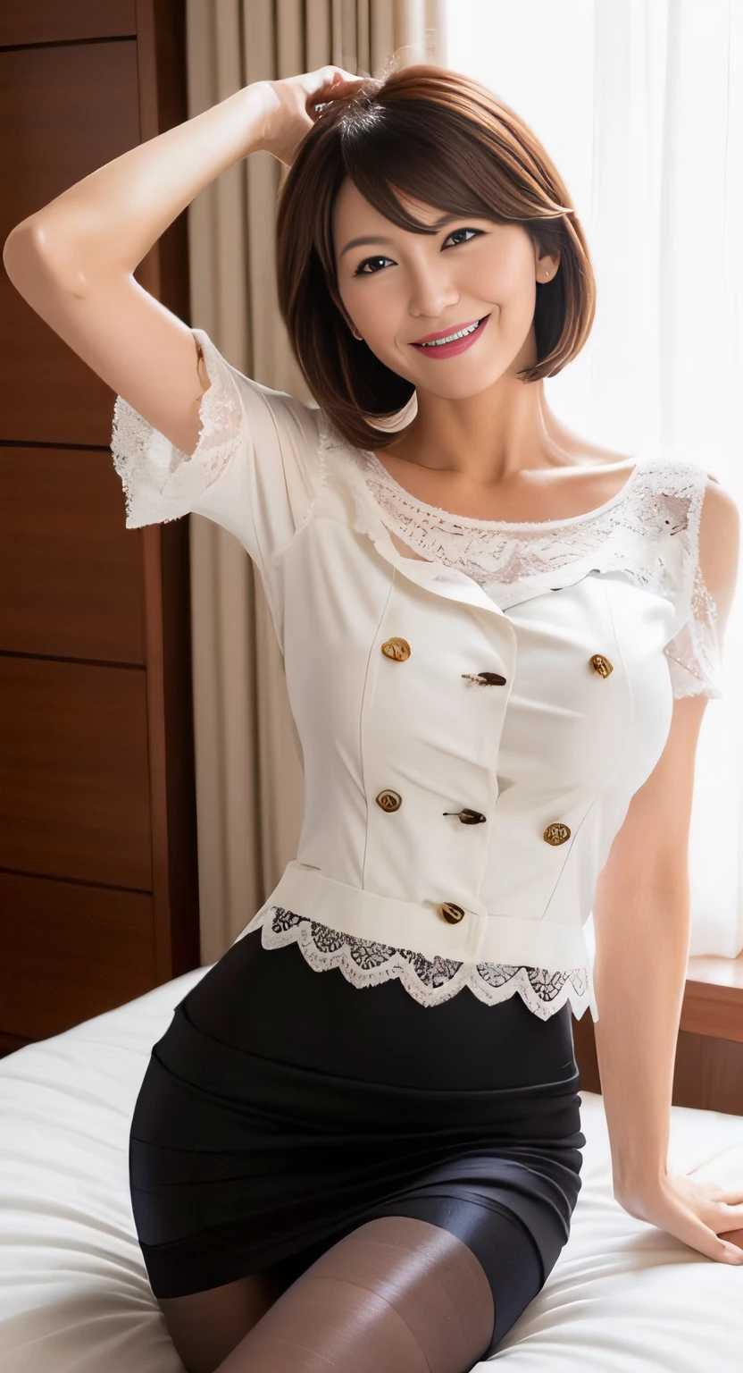 Best Quality, (A MILF:1.2), Sit on the bed, Put your hands on your head, short-hair, (huge-breasted:1.4), (pencil skirts:1.0), (tight lace blouse:1.0), (Smile), (pantyhose:1.0)