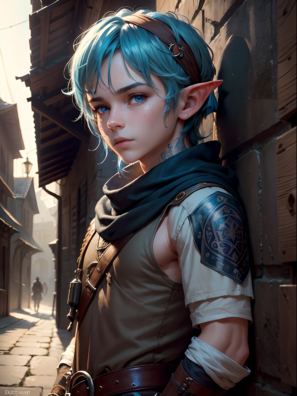 boy,young,cute,beautiful,clean face,beautiful face,detailed face,elf,14 years old, finely detailed eyes,skin light tone,blue hair,blue eyes, intricate details, portrait, looking at viewer, solo, (full body:0.6), detailed background, detailed face, face covered by bandana, smuggler, (tattoos:0.9), dynamic pose,(High-resolution textures),dark smuggler clothes,best quality, masterpiece, ultra high res,high fantasy medieval setting, medieval dark alleyway background, stealth,fog