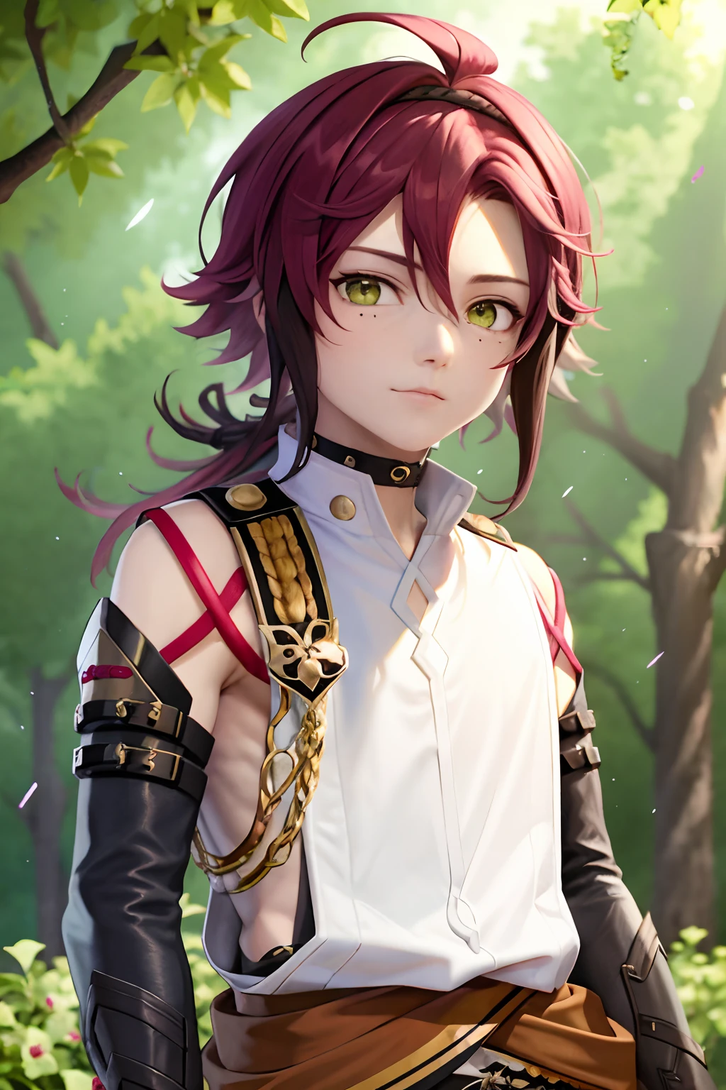 masterpiece, best quality,Shikanoin Heizou (genshin impact), 1boy, male focus, kurokote, green eyes, kote, multicolored hair, mole under eye, red hair, solo, mole, black choker, japanese armor, looking at viewer, choker, armor, streaked hair, aiguillette, sleeveless, ahoge, long hair, low ponytail,(kbxll:0.6)