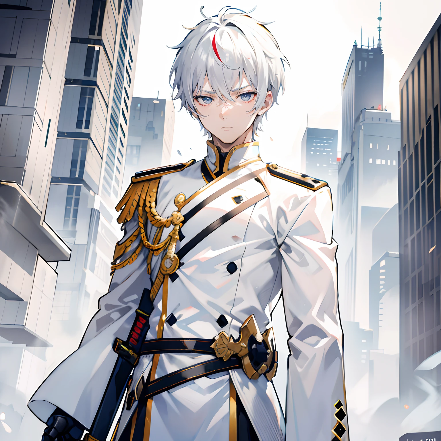 White color hair,short detailed hair,male people,Libido boy,Handsome,heroic look, Gray eye,serious-expression,Sword in hand,White uniform,All body,Standing on the ground,Background city ,science fantasy