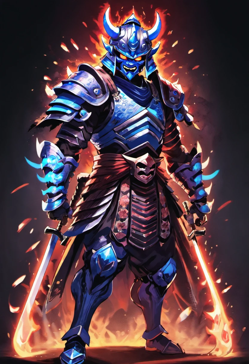 Demon with glowing blue eyes wearing an ancient Japanese shogun armor with helmet standing in a battle stance ready to draw his blade