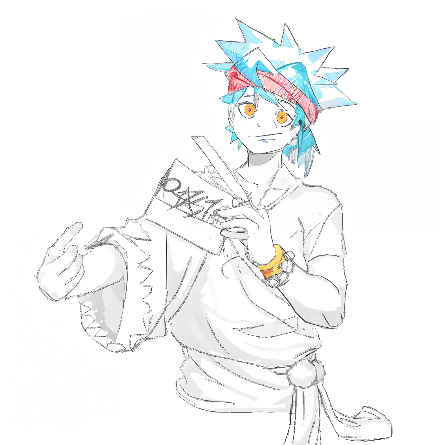 Drawing of a guy with a blue hair and a red hat holding a piece of paper, com o dedo indicador, 2 d estilo anime, Rick Sanchez, Arte 2D, 2 d arte, Rick Sanchez na vida real, 2 d anime, sketchy artstyle, inspirado em Eiichiro Oda, Yugioh Estilo de Arte, fanart de alta qualidade, 2 d de gorillaz