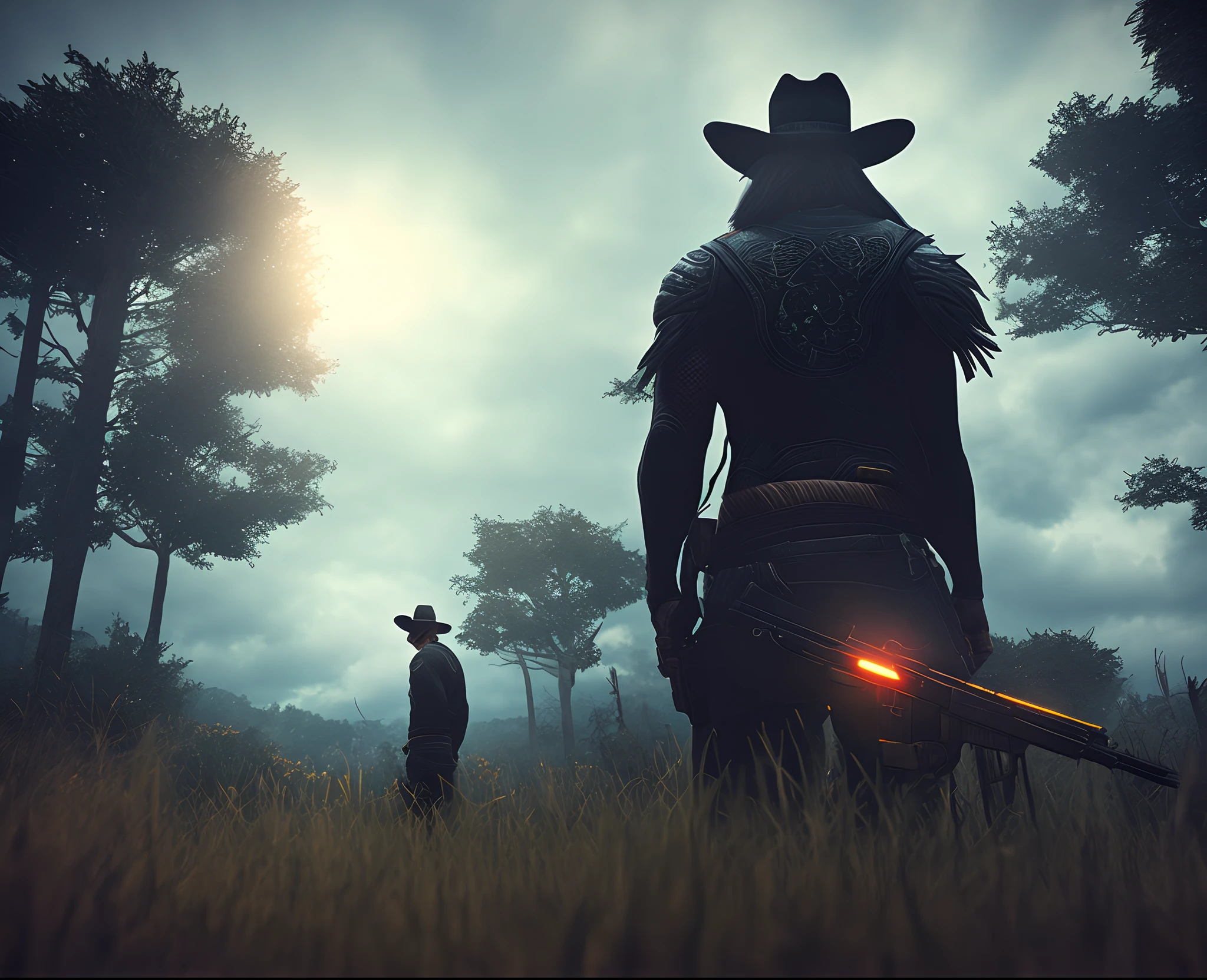 Gun slinger, hat, forest, dark , silhouette, monster, realistic, dynamic lighting, dynamic angle