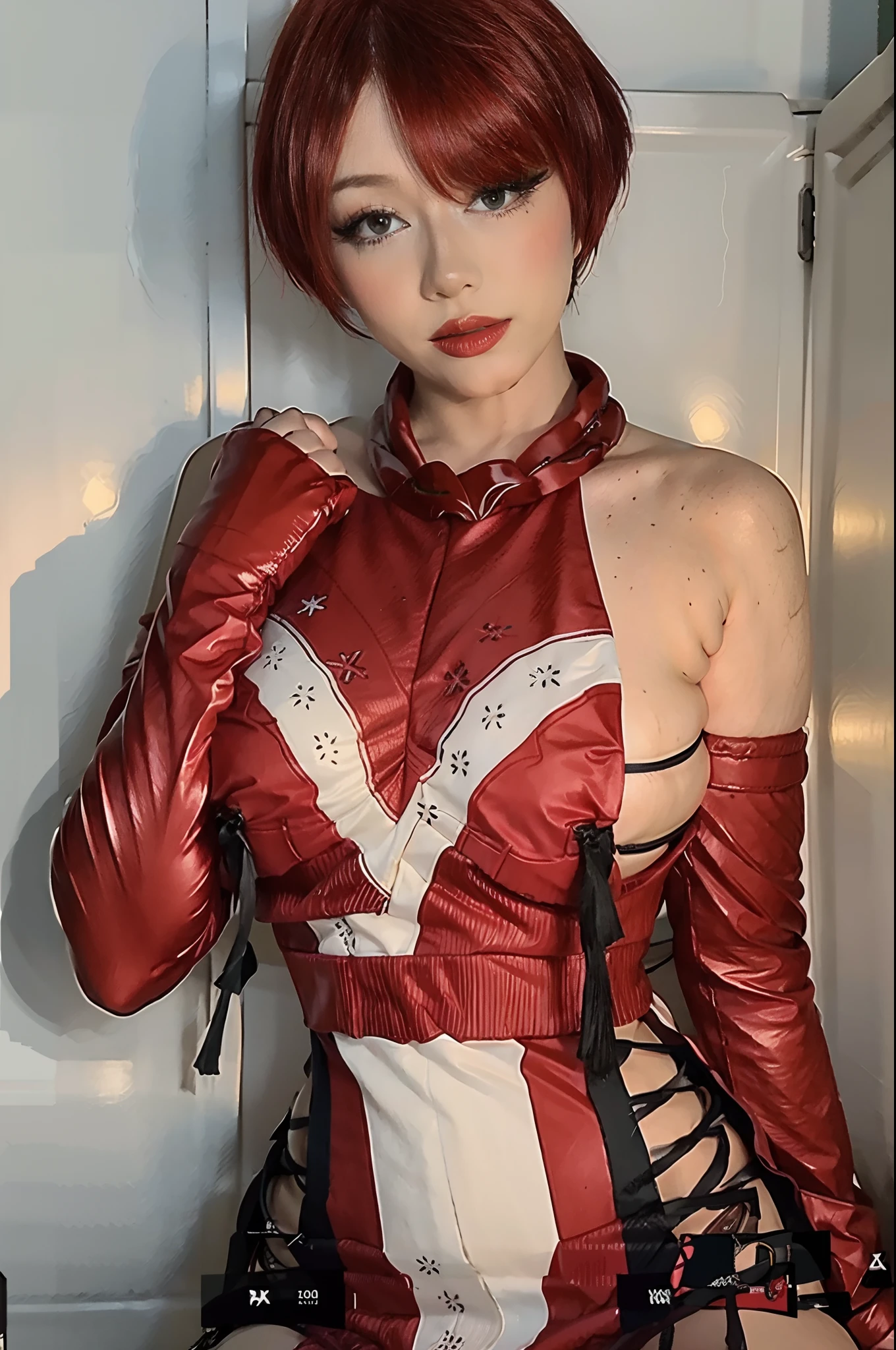 red hair, short hair, best quality,highres,ultra-detailed,realistic:1.37,portrait, intercate face details, makeup, eyeliner, good proportions, sexiest quality, thick thighs, outfit-tsubaki, breast curtain, red skirt, red sailor collar, elbow gloves,