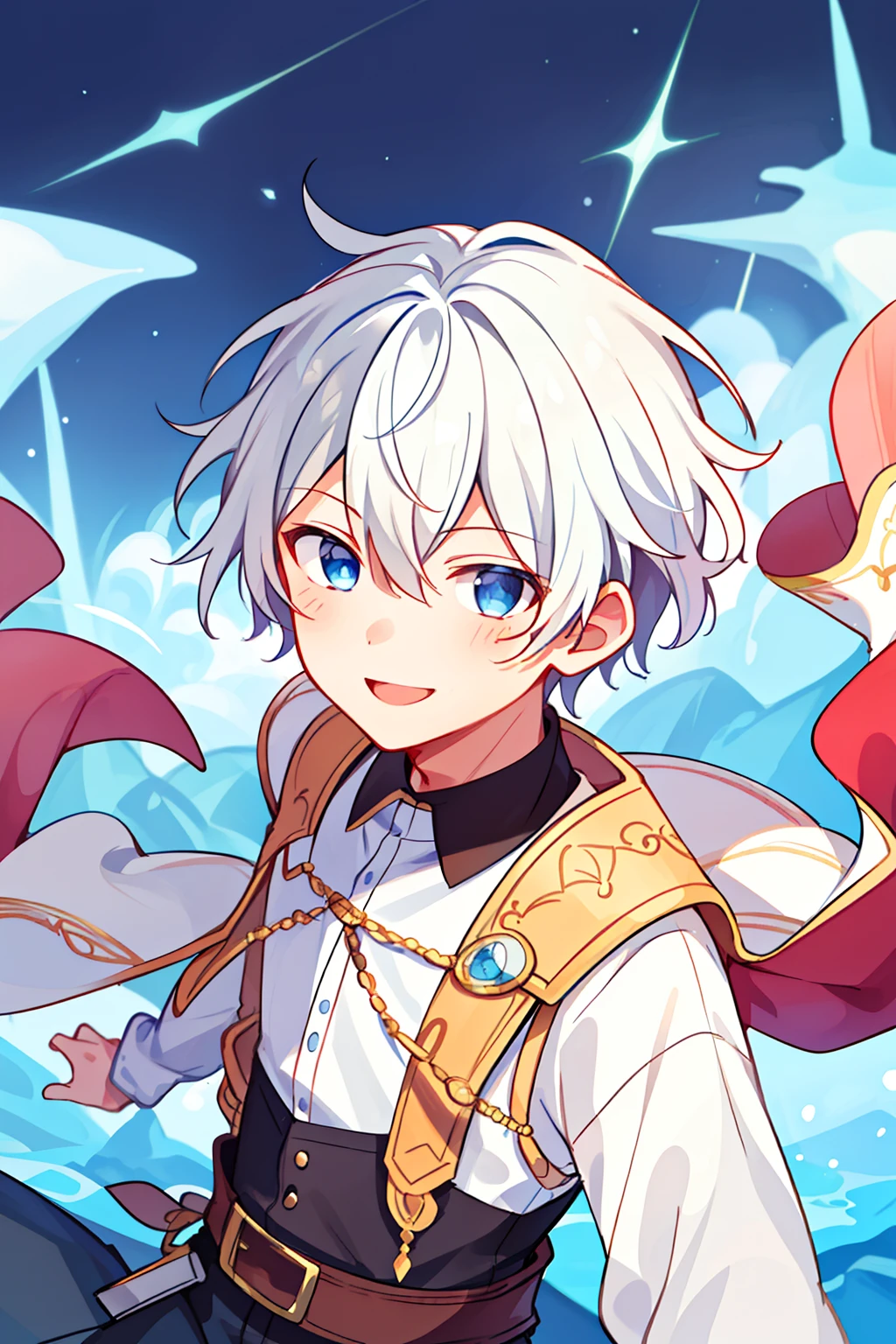 (high-quality, breathtaking),(expressive eyes, perfect face), 1boy, male, solo, short, young boy, curly peach white hair, blue eyes, smile, fantasy outfit, fantasy background