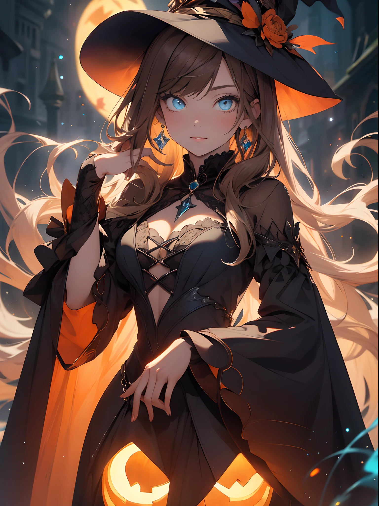absurdres, highres, ultra detailed,Realistic, (Masterpiece, Superior Quality, Best Quality, Official Art, Beauty and Aesthetics: 1.2), Very Detailed, Fractal Art, Colorful, orange color palette in the background. More Detailed, Zentangle, (Abstract Background: 1.5) (1girl: 1.3), beautiful  witch, Brown Skin, Brown Hair, Long Hair, (Bright Blue Eyes),pumpkin earrings,  [Jack-o'-Lantern], Mysterious, (Magic), witch's hat and gothic robe ,Halloween atmosphere,
