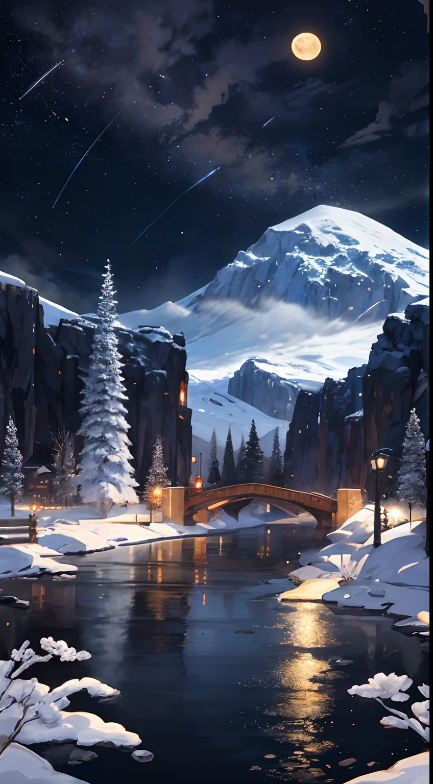 A painting of a river with stars and moon in the sky, concept art inspired by Tosa Mitsuoki, pixiv contest winner, best quality, fantasy art, beautiful anime scene, golden moon. A bright moon, starry sky environment under the moonlight, dream painting, anime background art, fantasy landscape art, dreamy night, anime background, background artwork, dreamy art, atmospheric anime, starry sky, details enhanced.
