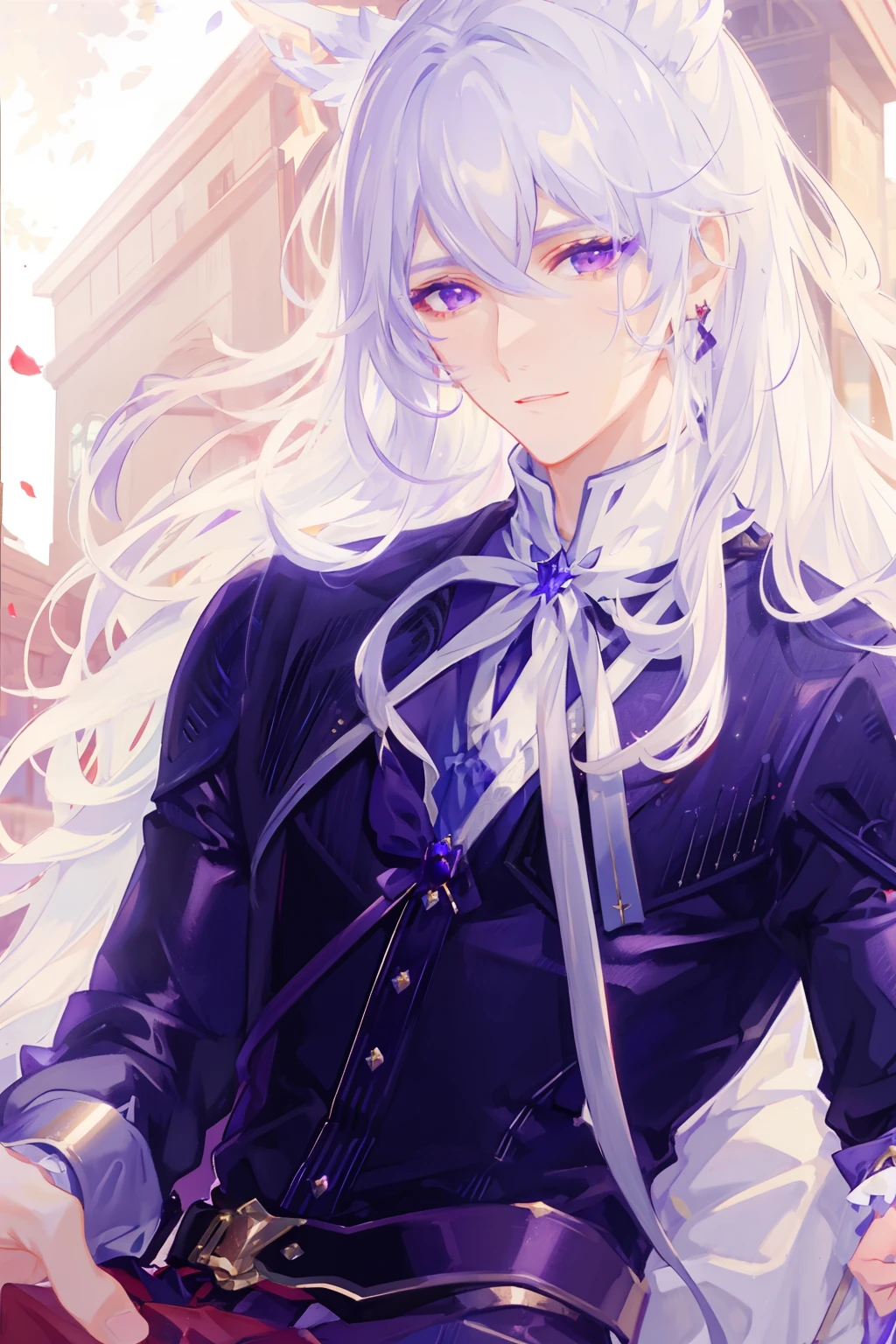 ​masterpiece、top-quality、hightquality、a closeup、outside of house、
1人, Adults,(Beautiful boys)), roses,ember,length hair,a purple eye, white  hair,jewely,Fantasia, ambient_light,A red rose