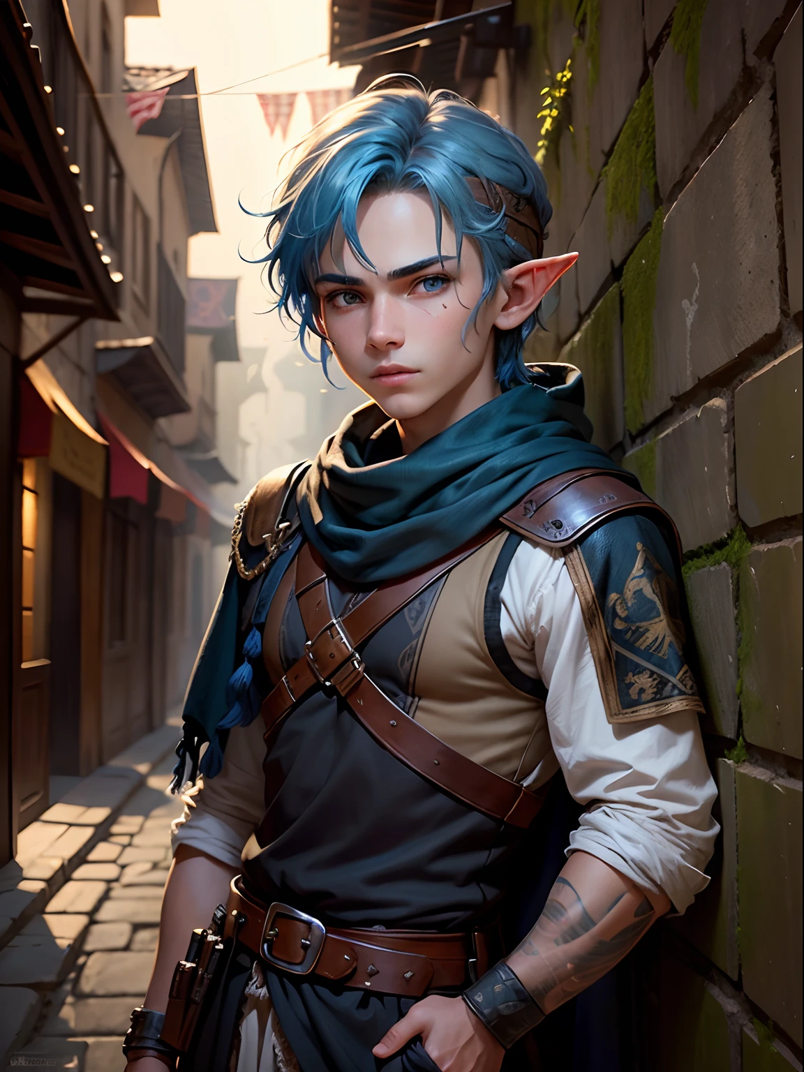 boy,young,cute,beautiful,clean face,beautiful face,detailed face,elf,14 years old, finely detailed eyes,skin light tone,blue hair,blue eyes, intricate details, portrait, looking at viewer, solo, (full body:0.6), detailed background, detailed face, face covered by bandana, smuggler, (tattoos:0.9), dynamic pose,(High-resolution textures),dark smuggler clothes,best quality, masterpiece, ultra high res,high fantasy medieval setting, medieval dark alleyway background, stealth,fog