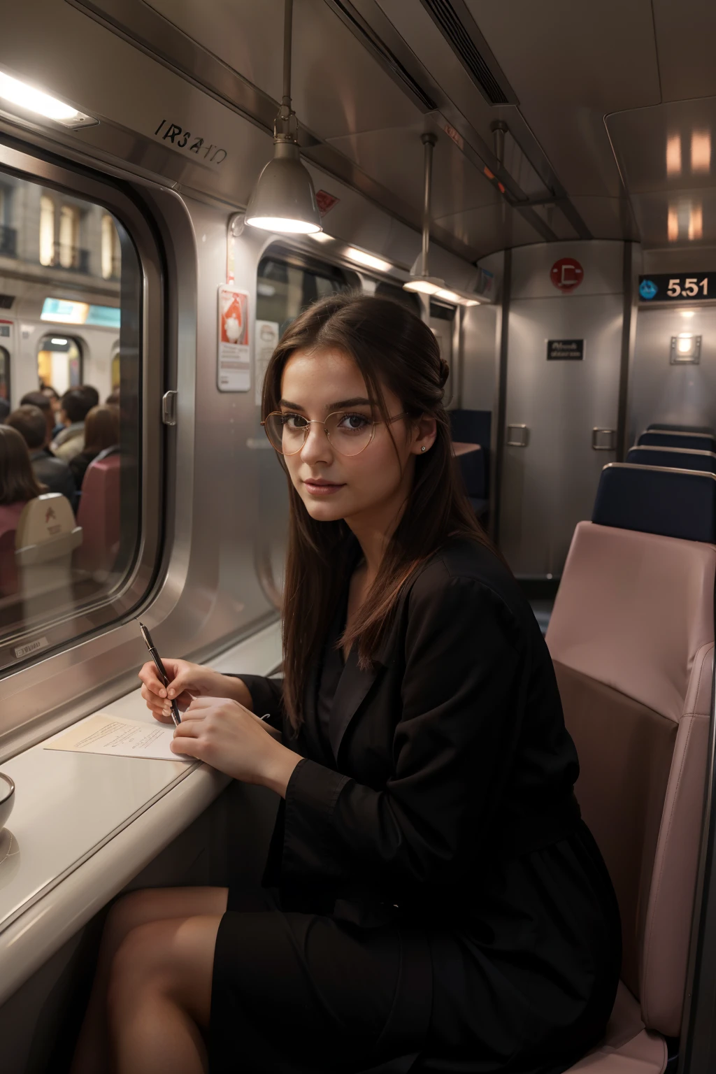 visage, long_cheveux, magnifique, Fille de la ville, clivage, occidental, robe moulante rose, lunettes aux yeux , fille chaude, Assis dans le train de nuit, (Masterpiece), Best quality, High resolution, Extremely detailed, Exterior background, profondeur de champ, lighting cinematic, poitrine claire, fesses rondes