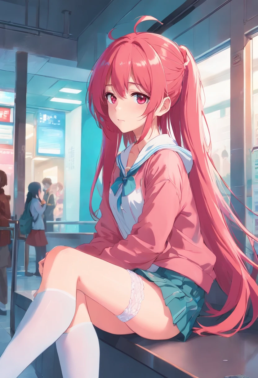 red pupils,Lazy expression,Long pink hair and white stockings,Cyan and blue clothes,JK Campus,no emotion