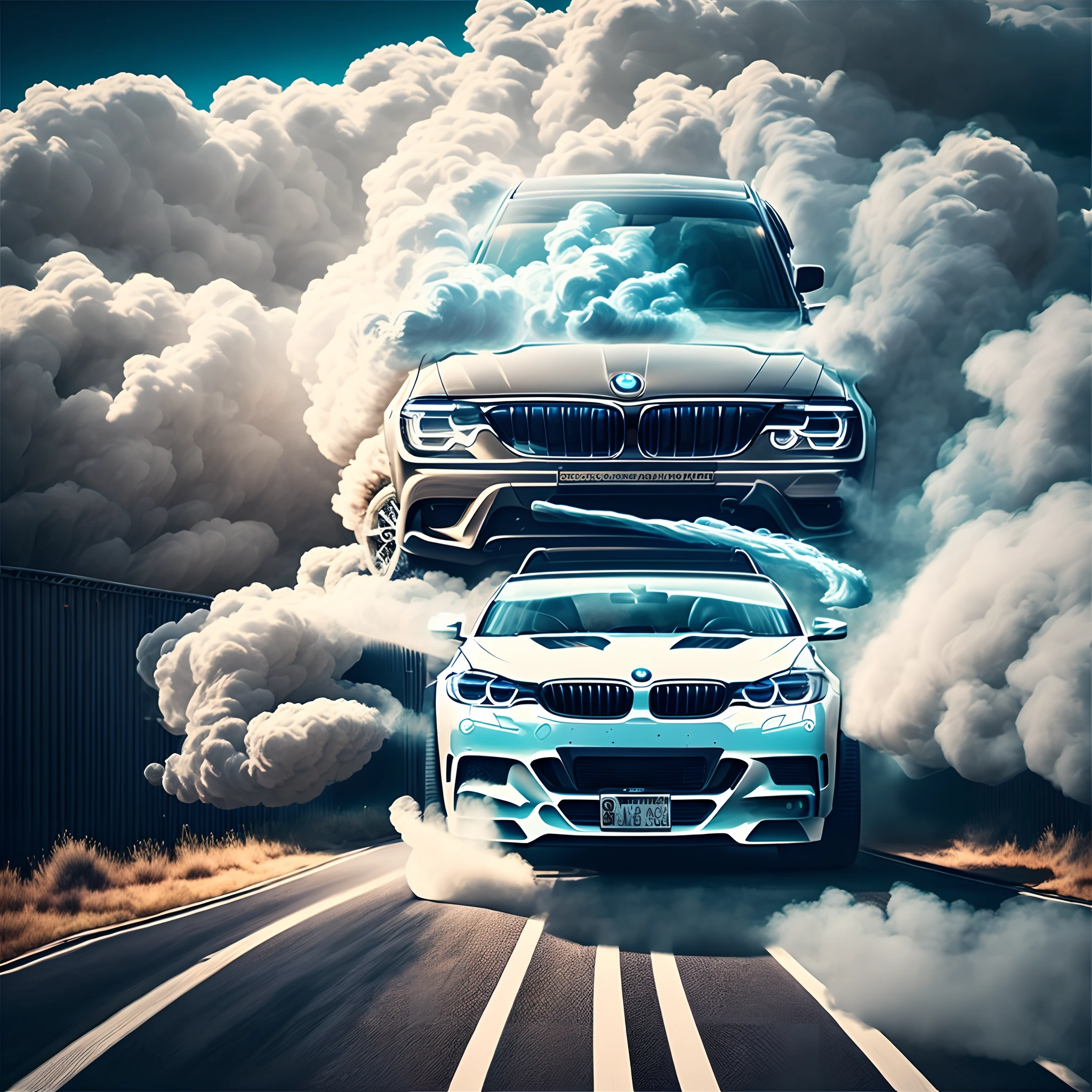 Blue BMW color with smoke and highway