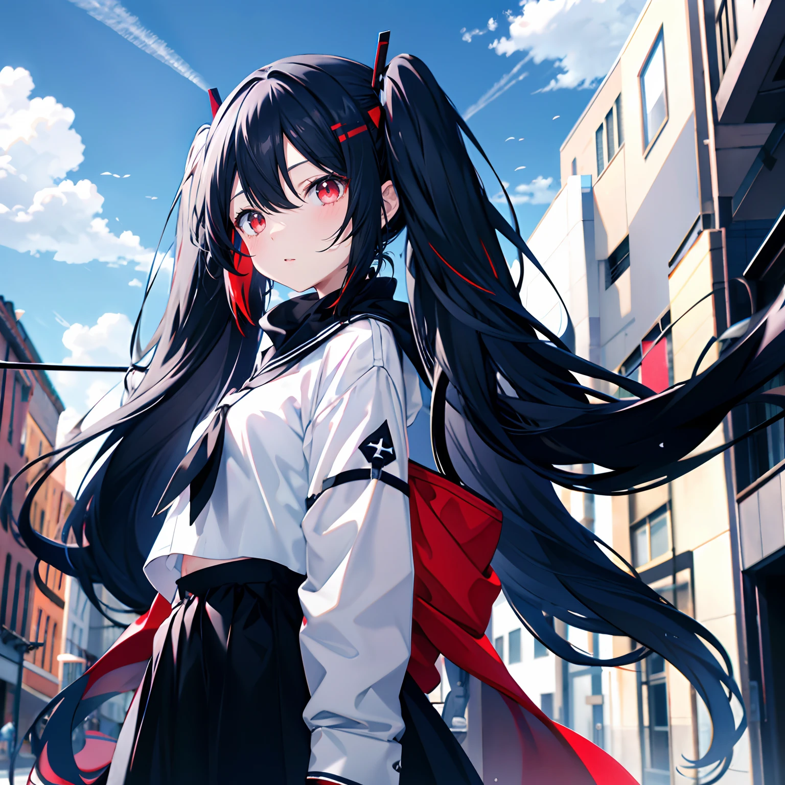Black color hair，Red eyes，long whitr hair，high twintail，teens girl，adolable，All body，Background street，with blue sky and white clouds，shyexpression