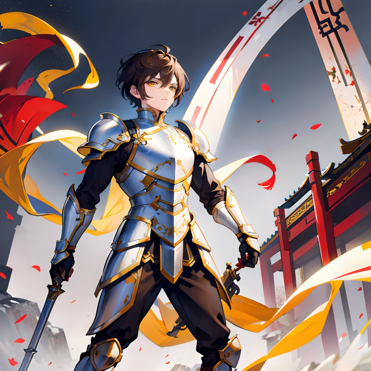 Brown hair，short detailed hair，middle parted hairstyle，male people，Libido boy，Yellow eyes，white  clothes，Armor，Armour，Cold weapon in hand，All body，Standing on the ground，Background Chinese ancient architecture