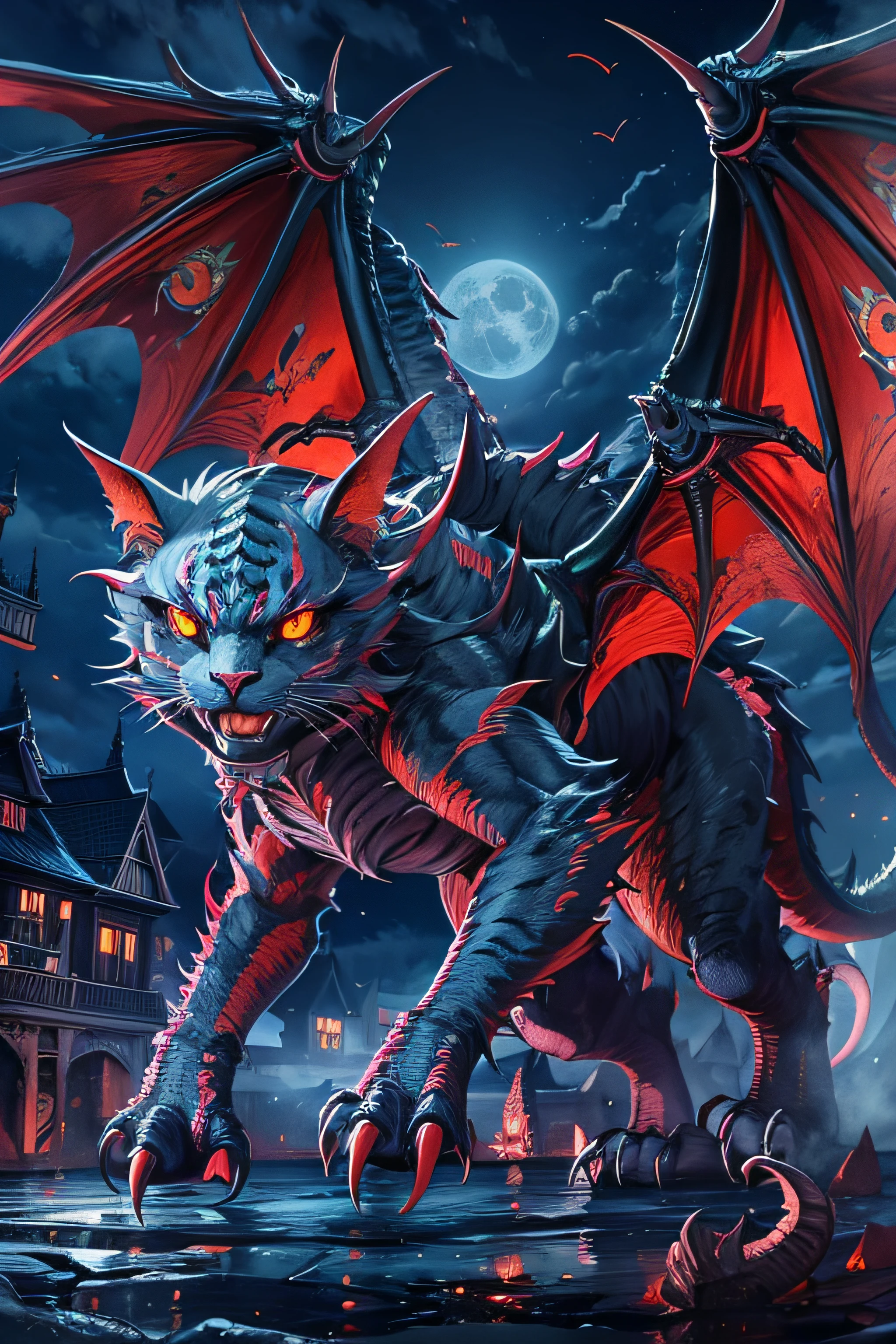 Beautiful monster cat with dragon wings, red eyes, monster teeth, night, full moon, epic colors, fantasy horror, hdr, intricate, hyper detailed background, 8k, film noir
extra limbs, mutated feet, statue, blurry eyes, missing feet,