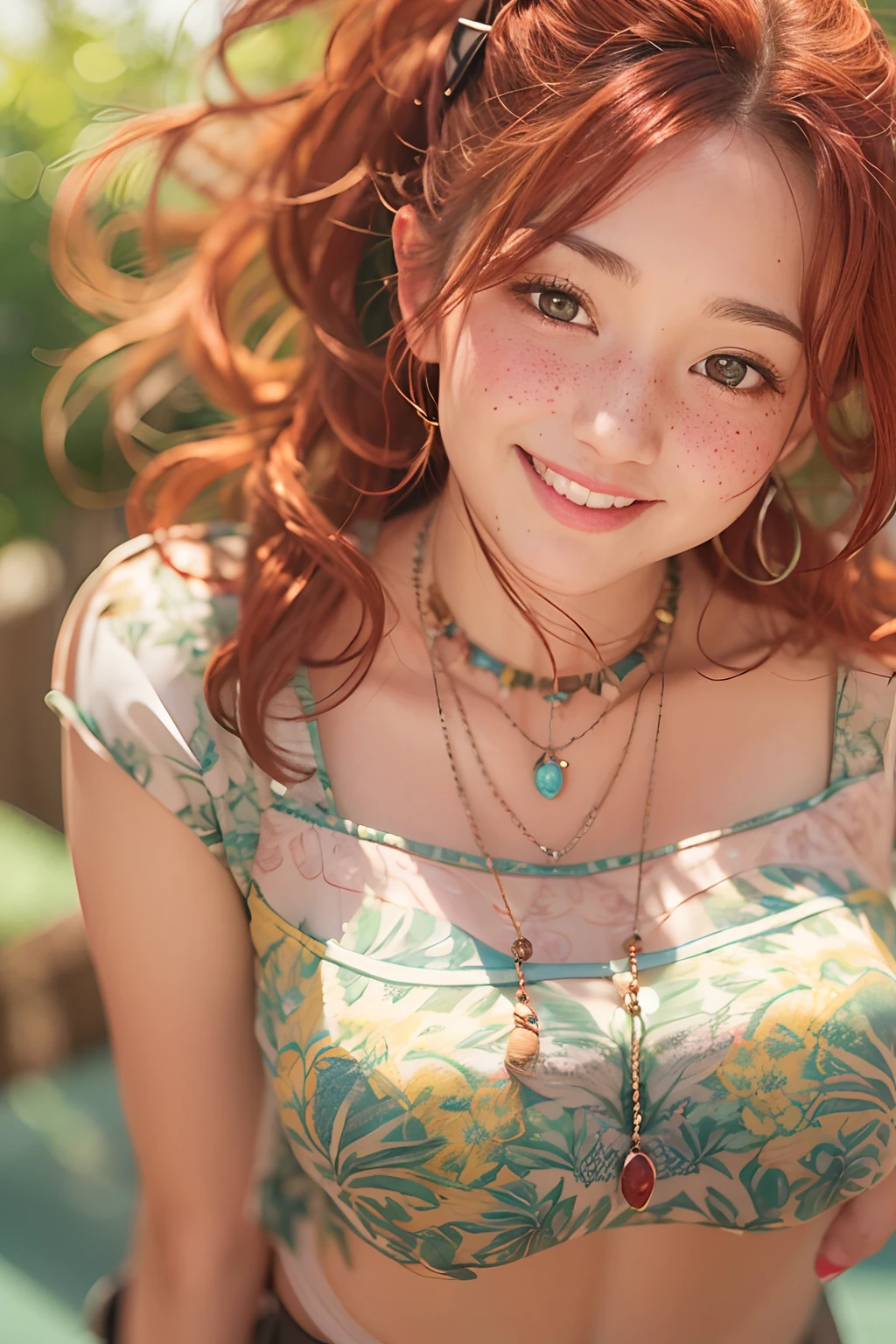 Tall 36-year-old woman, 鎖骨, Wavy hair, looking up at viewer, blurred foreground, upper half body, necklaces, moderno, ((intrikate, Print, Pattern)), pony-tail, freckles, Red hair, dappled sunlight, Smile, happy