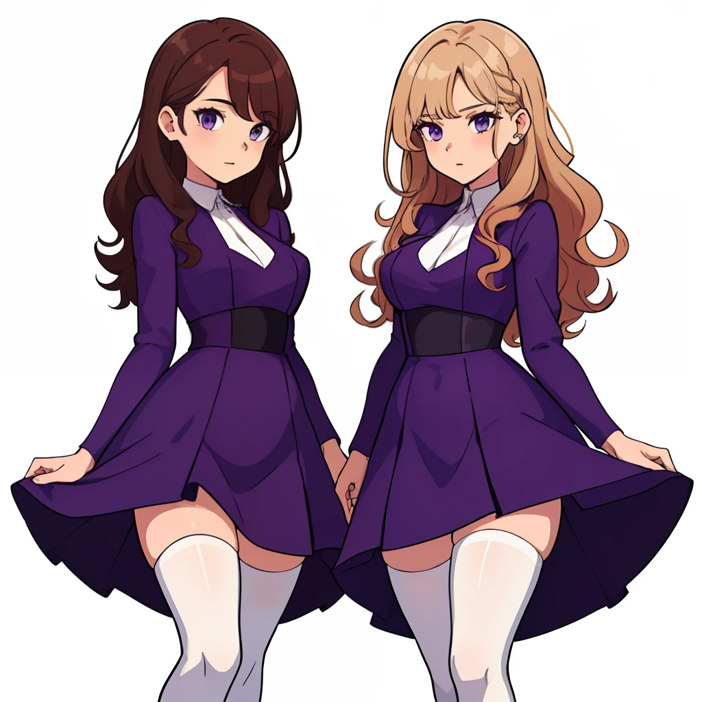 2girls, duo, twins, purple dress, white thighhighs, black high heels, matching outfits, mature woman, brown hair, blonde hair, curly hair, hair down, hazel eyes, white background