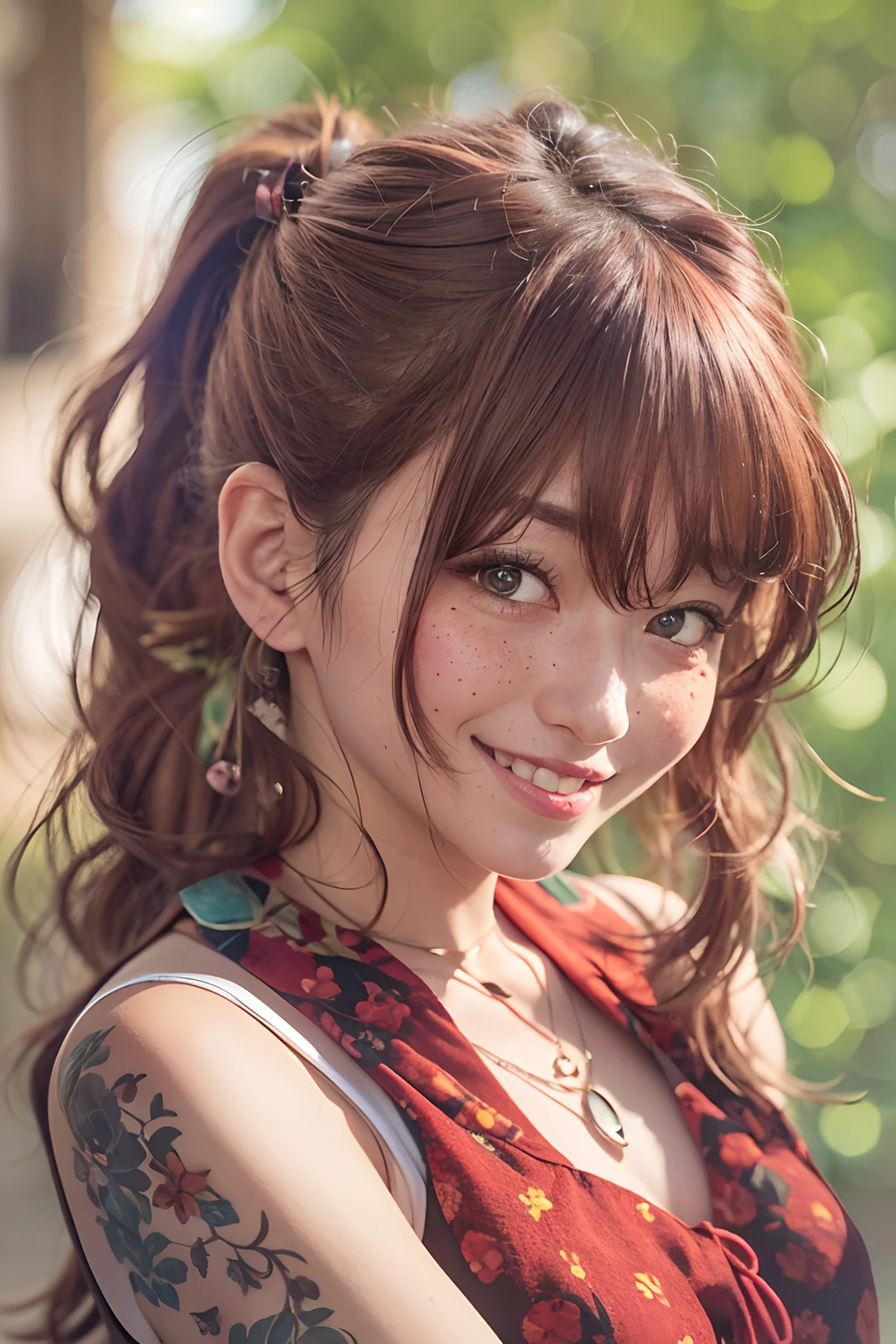 Tall 36-year-old woman, 鎖骨, Wavy hair, looking up at viewer, blurred foreground, upper half body, necklaces, moderno, ((intrikate, Print, Pattern)), pony-tail, freckles, Red hair, dappled sunlight, Smile, happy