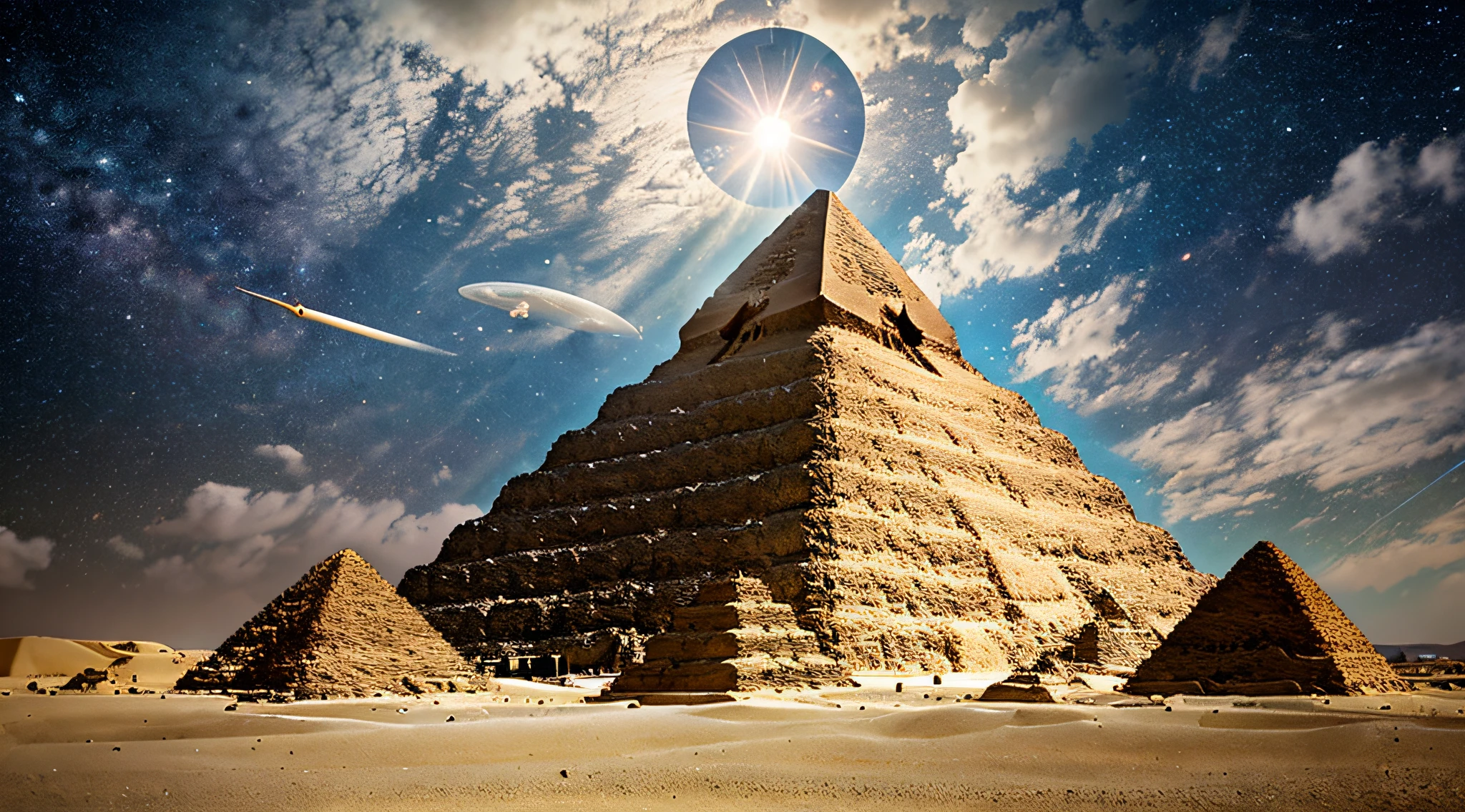 Realistic image, Egito Antigo, Biblical times, Show Flying Saucer Above Pyramid, mostrar uma pedra quadrada flutuando abaixo da nave, pyramids of gisé, muitos servidores trabalhando, claro, brilhante, imagem cintilante.