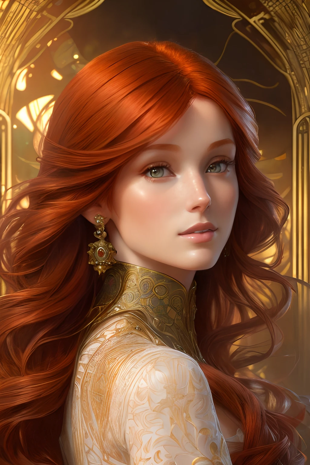 model style, (extremely detailed cg unity 8k wallpaper), full image of the most beautiful piece of art in the world, ((redhead (((woman))) from 40s)), popular on artstation, popular in cgsociety, intricate, detailed , sharp, dramatic, photorealistic paintings. Manzanedo, author (Alphonse Mucha), Gaston Bussière