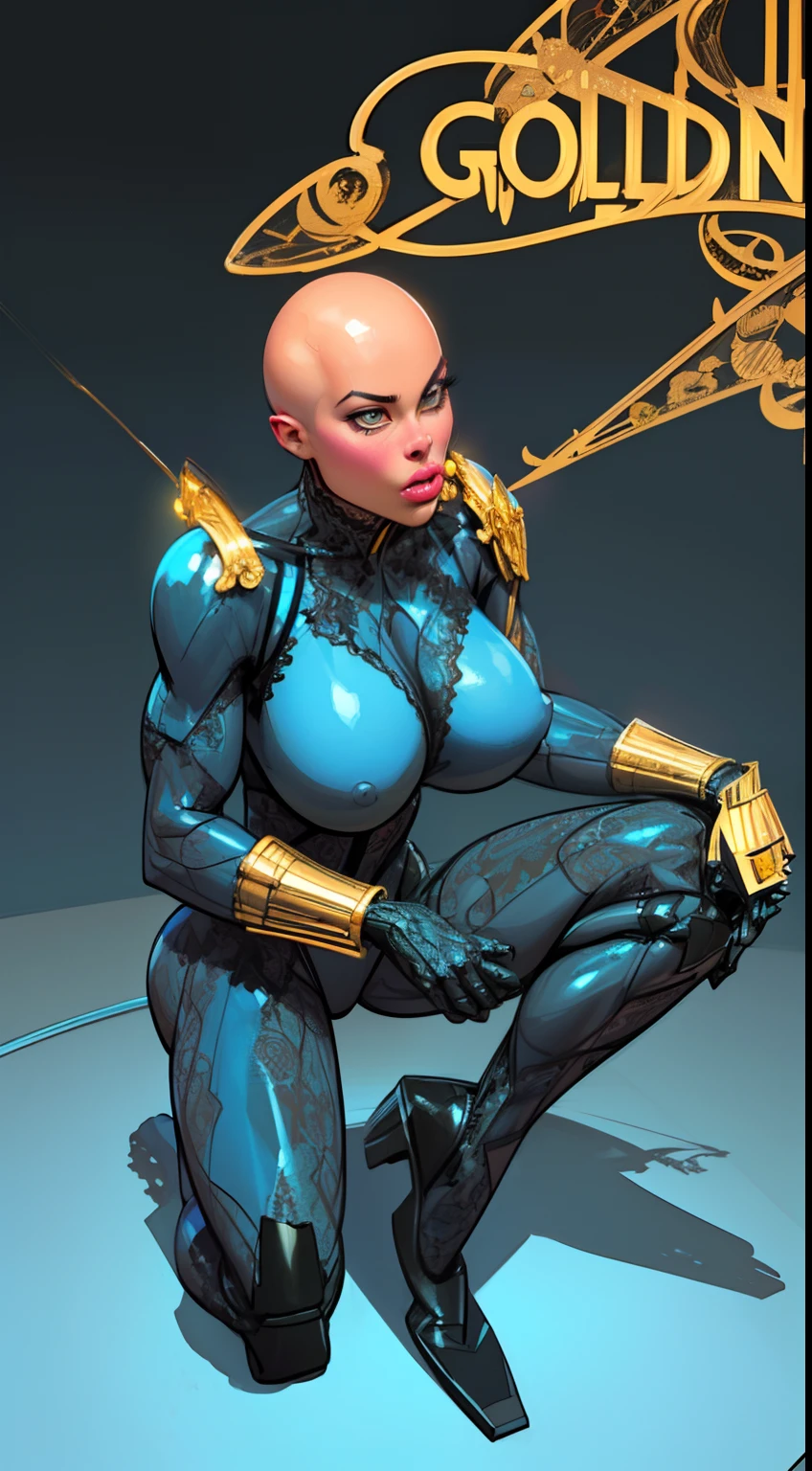 8k ((above view:1.3)), ((full body view))(large eyes:1.3), defined cheekbones, looking back, ((the pit style:1.4))((sleek dark blue bodysuit:1.6)) ((intricate lace details:1.6))detailed face:1.5), lightblue skin,(puffy lips:1.5) (lightblue skin:1.6), ((bald woman:1.7)), ((skinhead)), ((sexy pose)),(Muscular:1.3), ((gigantic breasts:1.5)), )highly detailed, Volumetric lighting, baroque oil painting by Greg Rutkowski, Artgerm, WLOP, dynamic angle,((intricate neon lines on bodysuit:1.3)), majestic, digital photography, best shadow, light particles, art by artgerm and ruan jia and greg rutkowski, ((gold shoulder pads:1.6)), (masterpiece), sidelighting, intricate details, (((black color palette))),(((on knees on top of pedestal)))