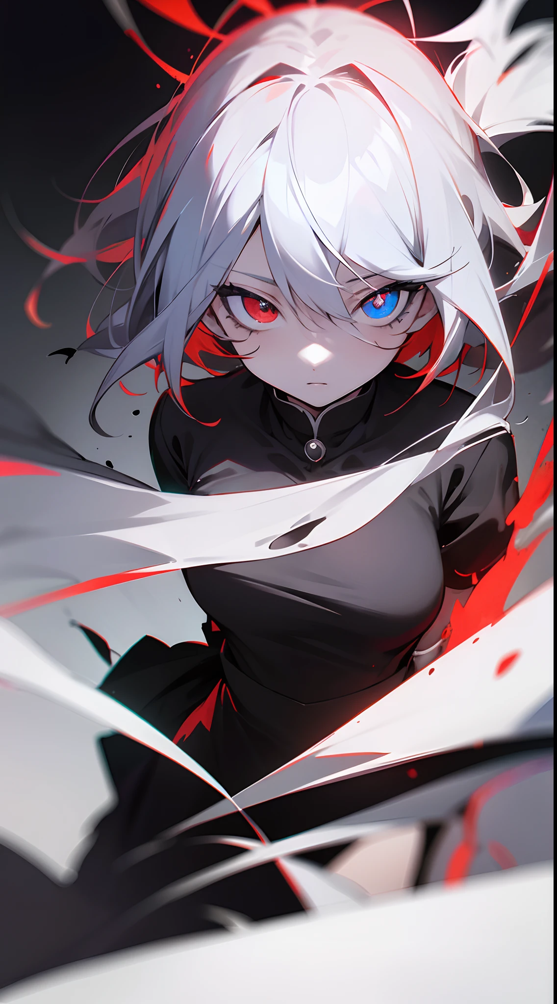 White hair, long hair ponytail
Short skirt , red eyes
Hot girl
On a rooftop
Dont use to much red beside eyes