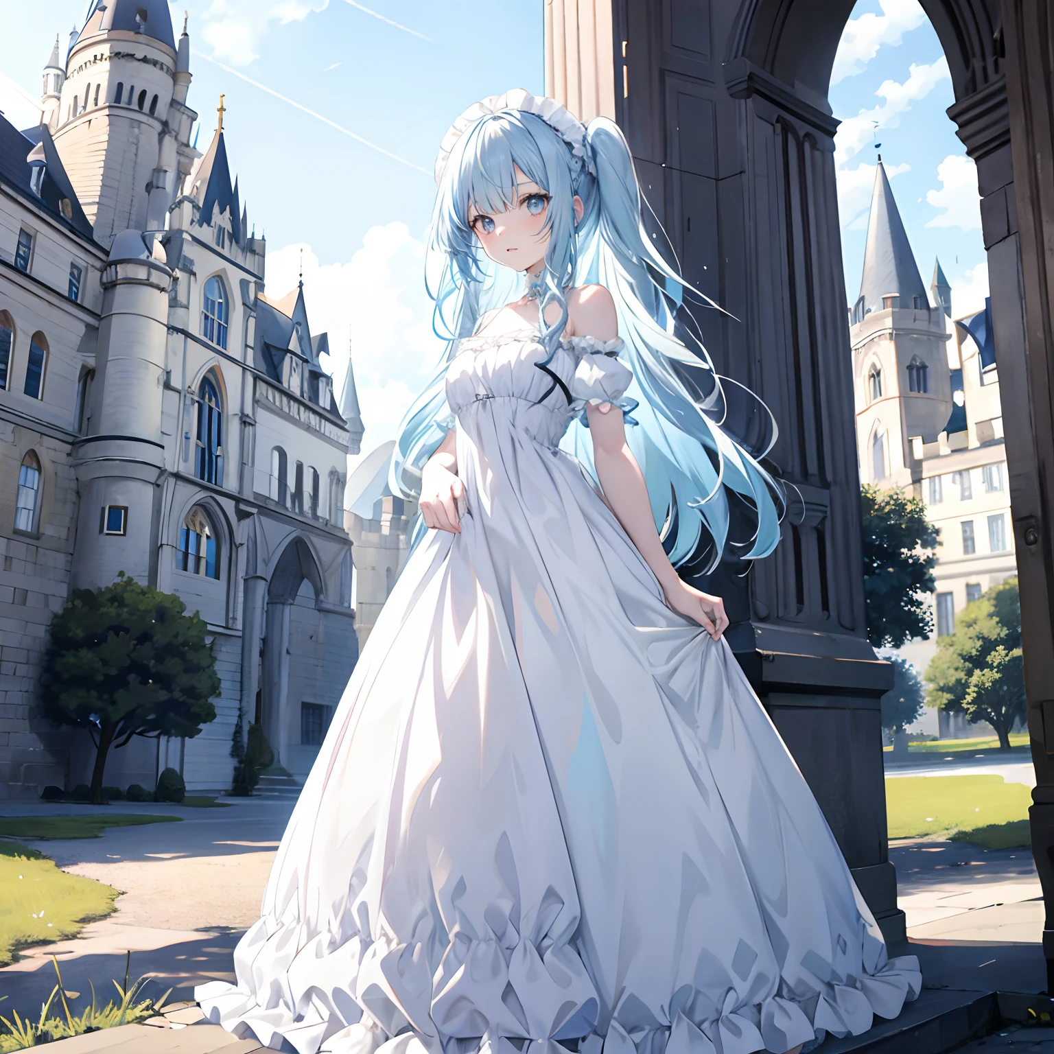 Pale blue hair，By bangs，long whitr hair，eyes blue，By bangs，s girl，Loliong dress，All body，Standing on the ground，background castle