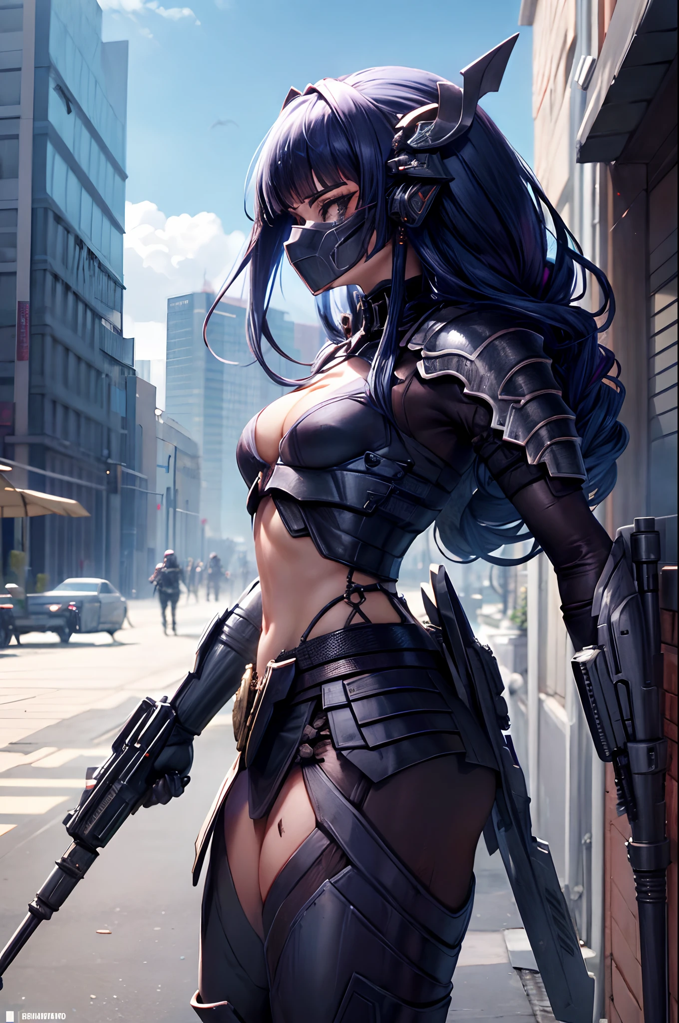 obra-prima, melhor qualidade, cabelo longo, Mulher vestindo armadura completa do Depredador do filme, corpo completo detalhado, olhos detalhados, She is wearing detailed Pulse Blades and Plasma Cannon over her shoulder as the predator, She wears a full Predator Biomask that is covering her face, qualidade 16k, Kinematic, sombras no corpo, ruins, Full scenario, pose de batalha dinamica, todo anatomicamente correto e detalhado, (Ela usa uma mascara do Depredador completa e detalhada)