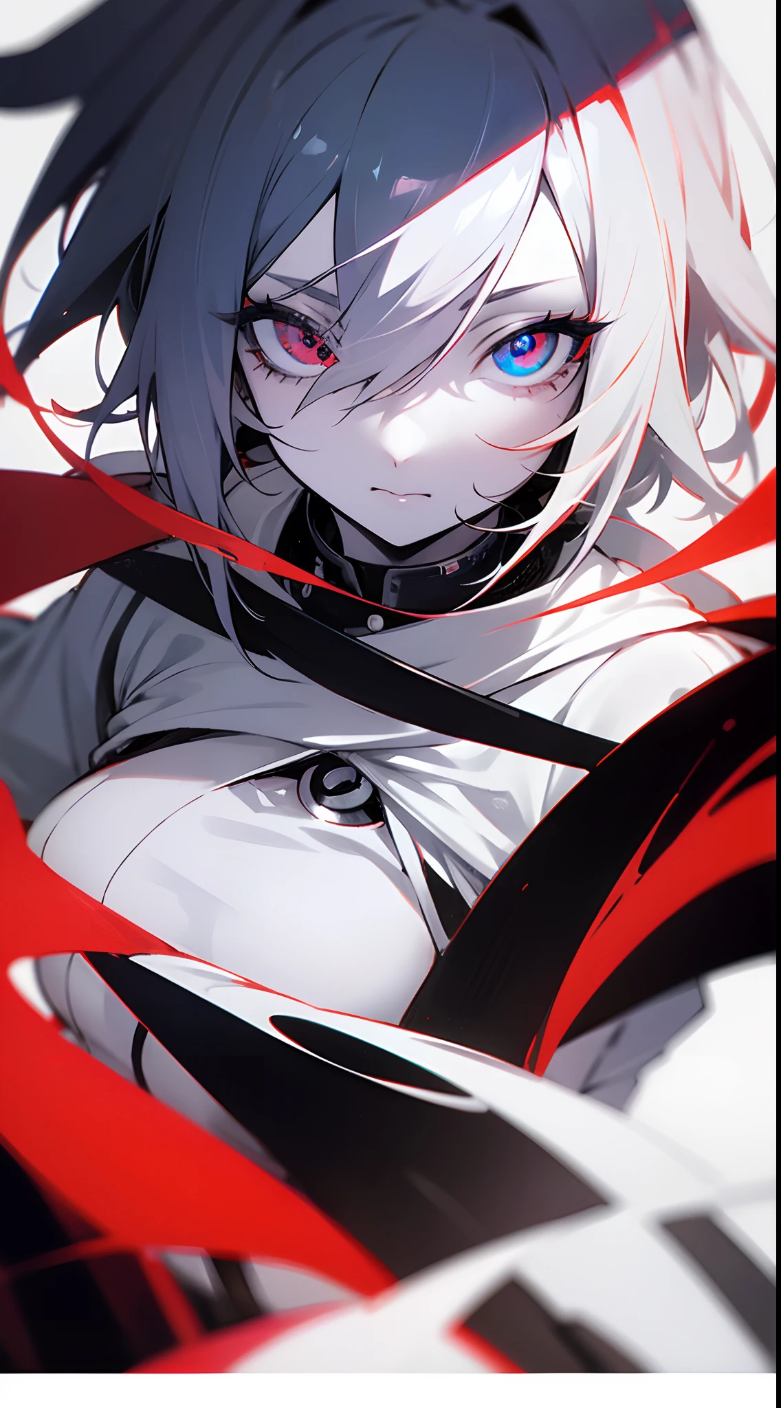 Anime girl, monochrome hair, heterocrhomia, (left blue eye, right red eye), detailed eyes, masterpiece, high quality