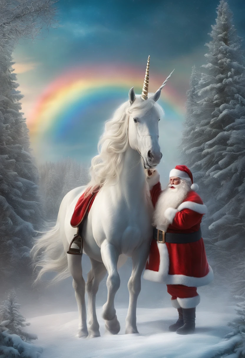 Picture Santa and the unicorn side by side, perhaps with Santa’s arm around the unicorn’s neck in a friendly gesture.