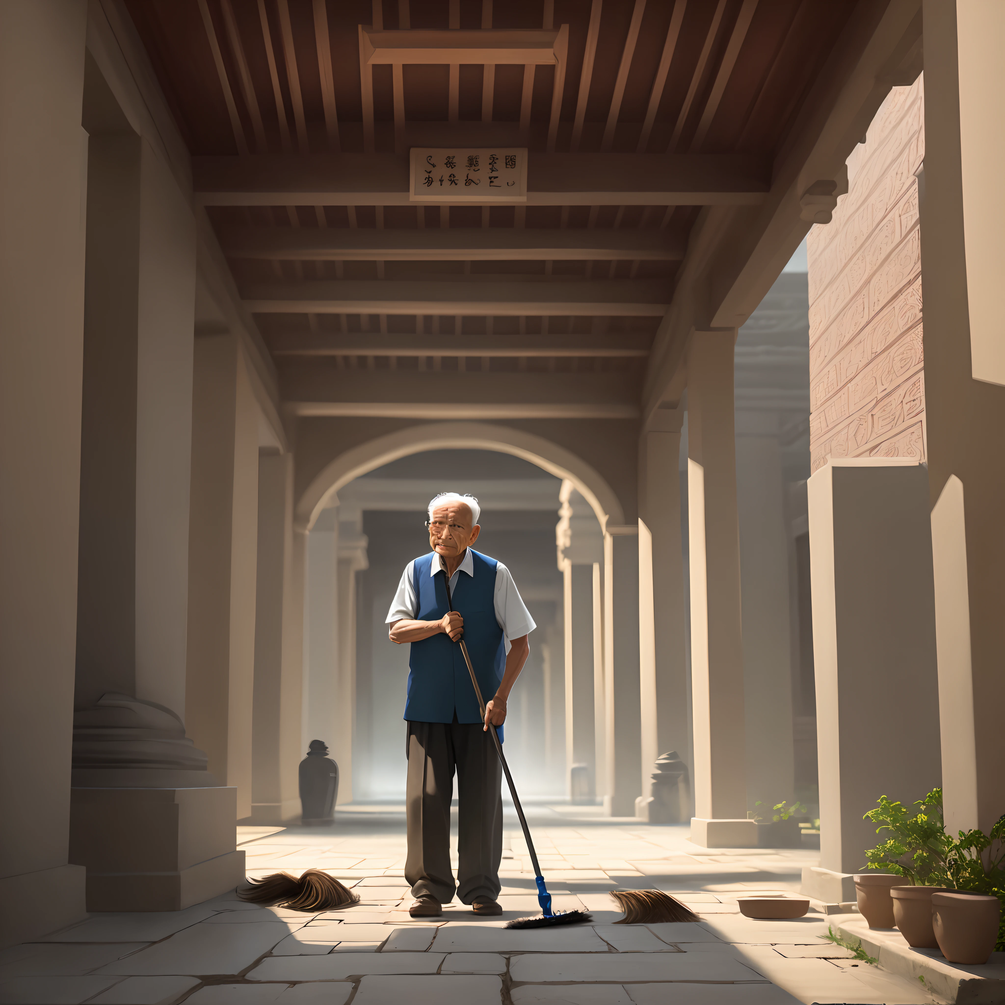 An old man cleaning in the temple courtyard