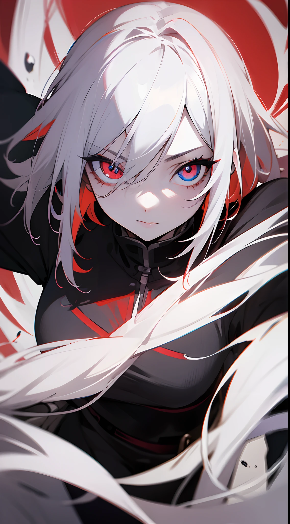 Anime girl, monochrome hair, heterocrhomia, (left blue eye, right red eye), detailed eyes, masterpiece, high quality