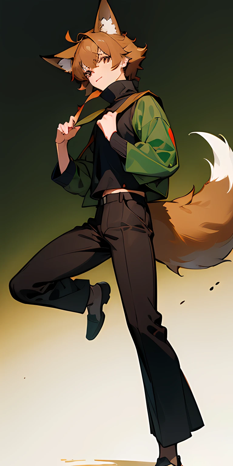 (masterpiece, best quality), 1boy, brown messy hair, brown eyes, fox ears, fox tail, green turtleneck, black pants