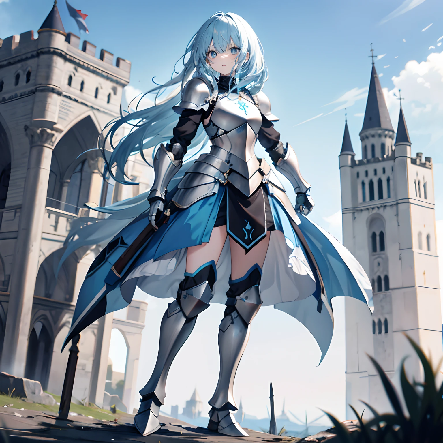 Pale blue hair,By bangs,long whitr hair,eyes blue,By bangs,teens girl,armor,armour,All body,Standing on the ground,background castle